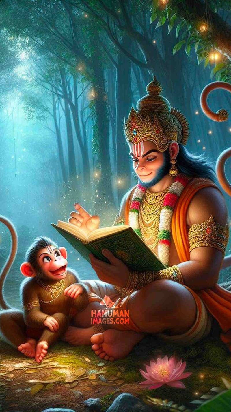 Hanuman reading in a lush forest.