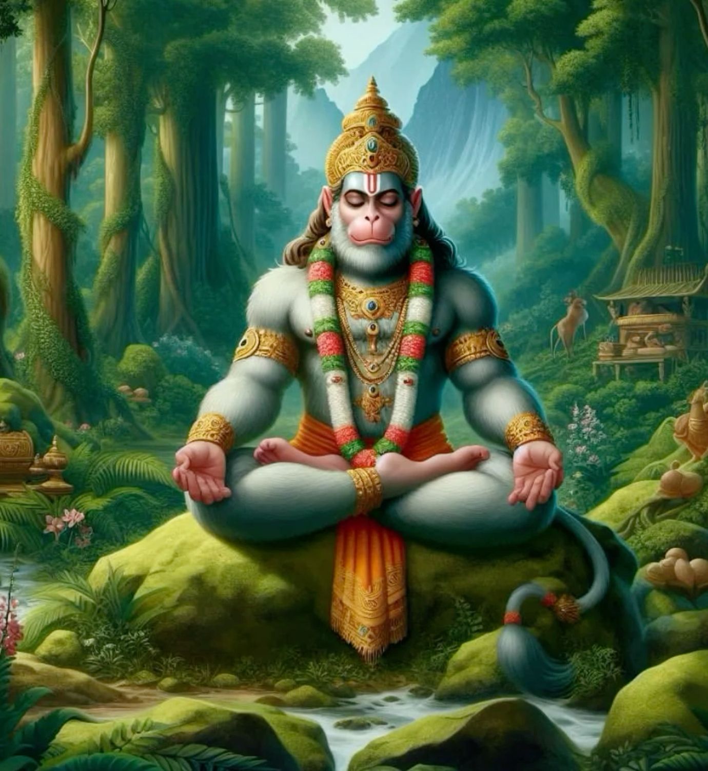 Hanuman meditating in a lush forest.