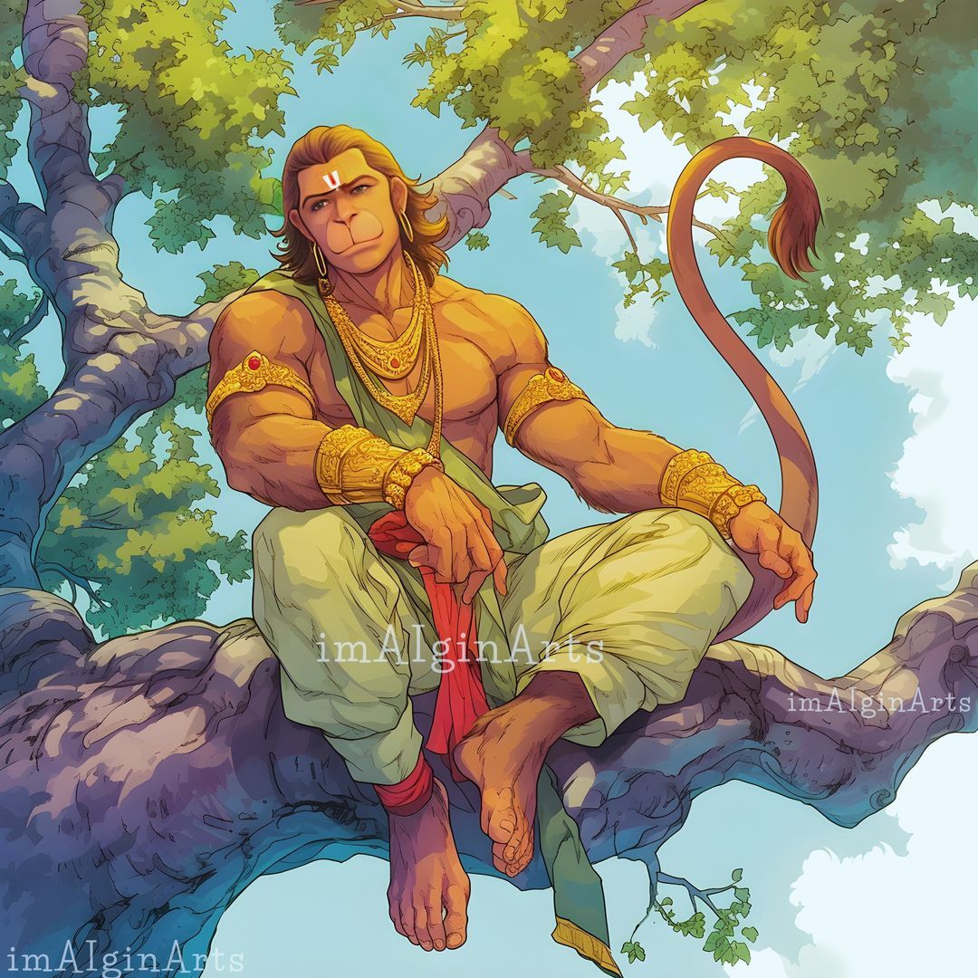 Hanuman resting in a lush forest.