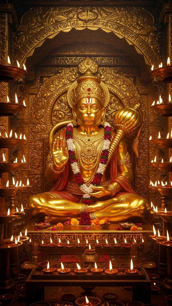 Golden Hanuman statue in a temple setting.