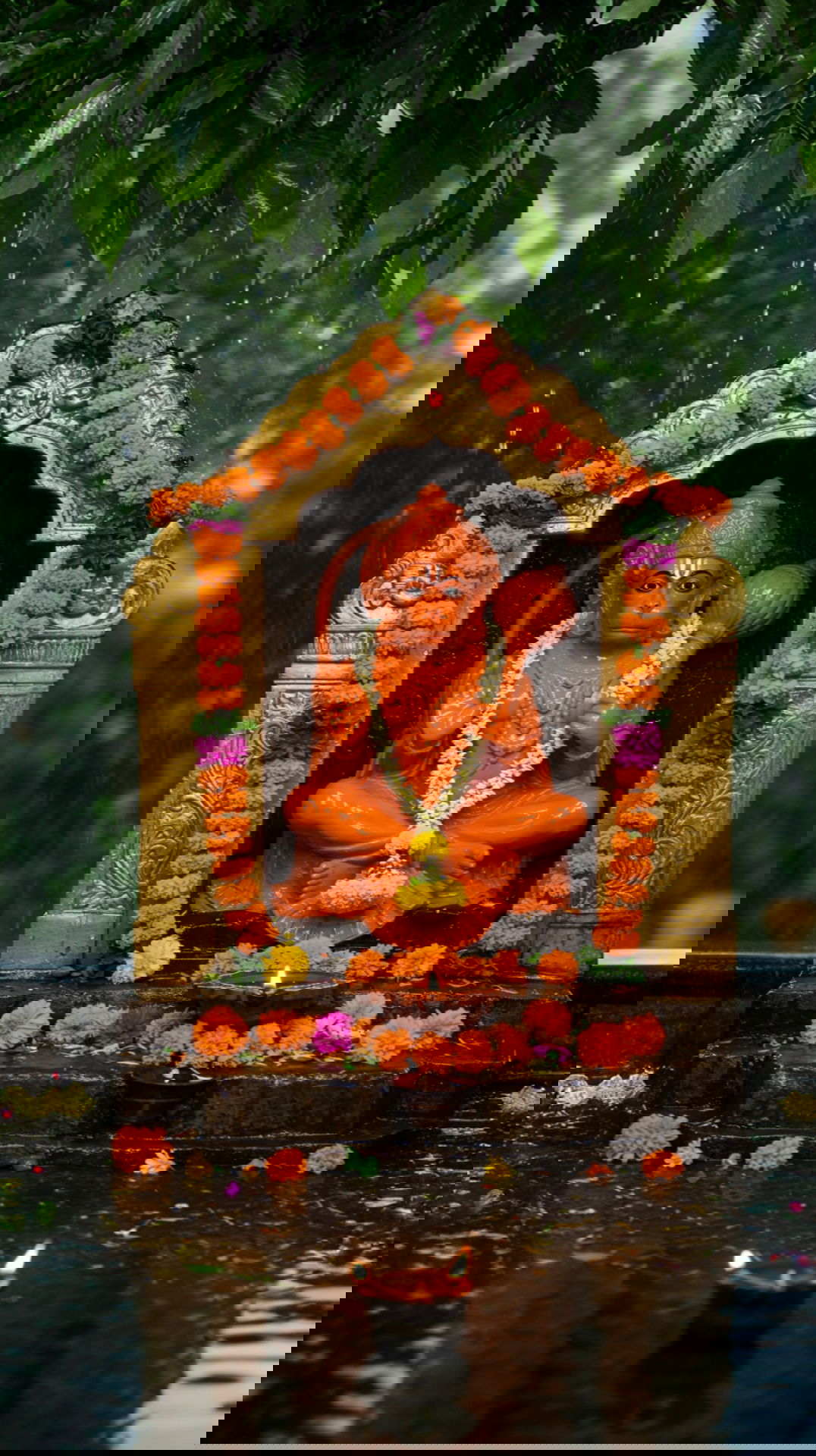 Hanuman statue adorned with marigolds