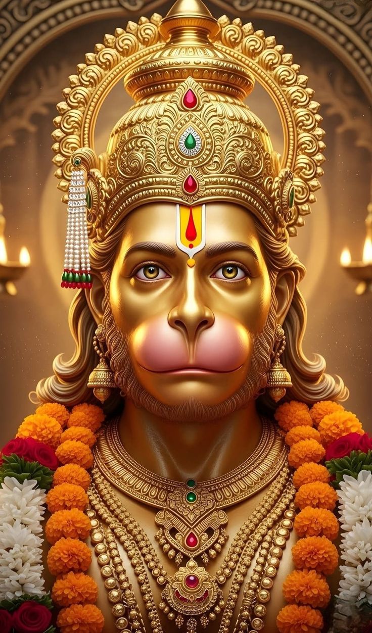 Golden portrait of Hanuman, the divine monkey god.