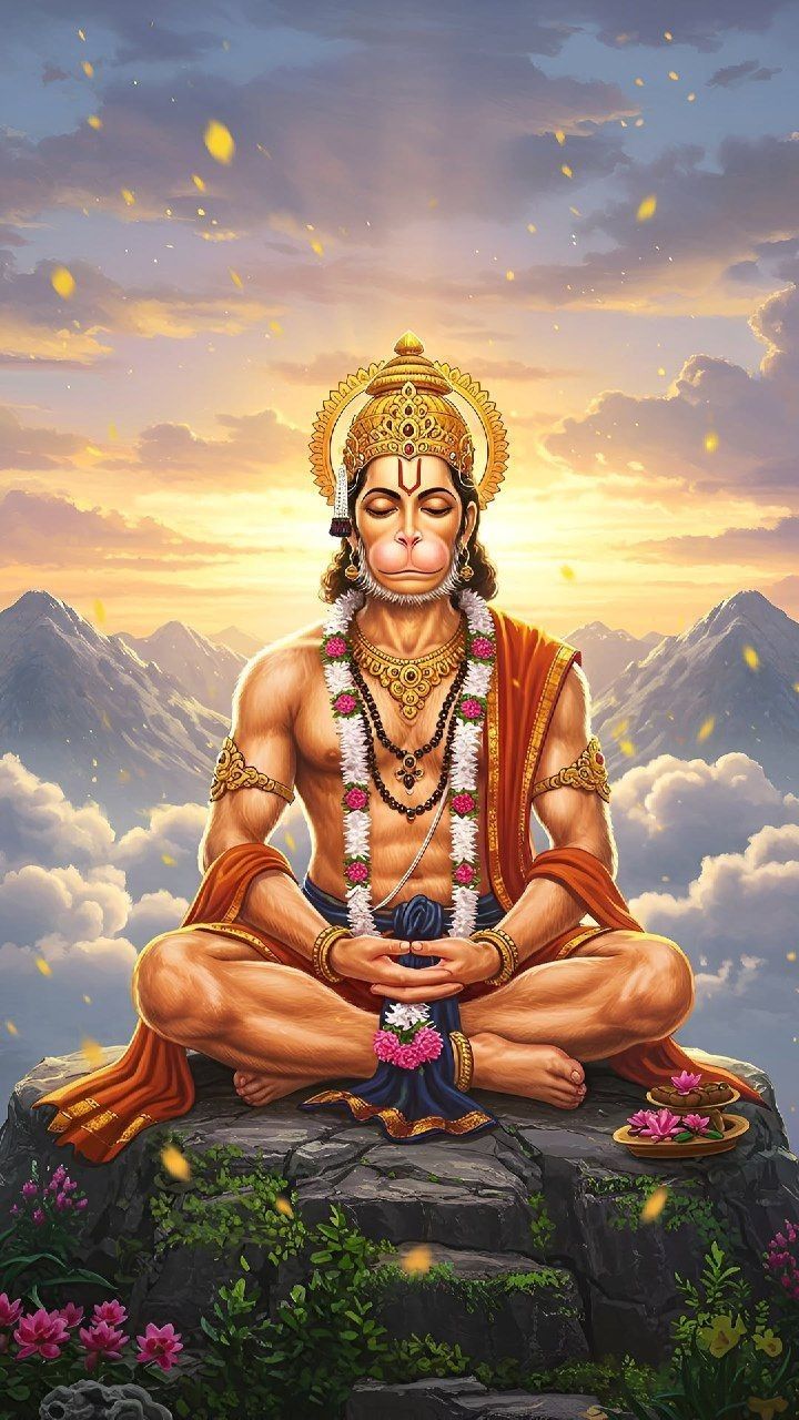 Hanuman meditating atop a mountain.