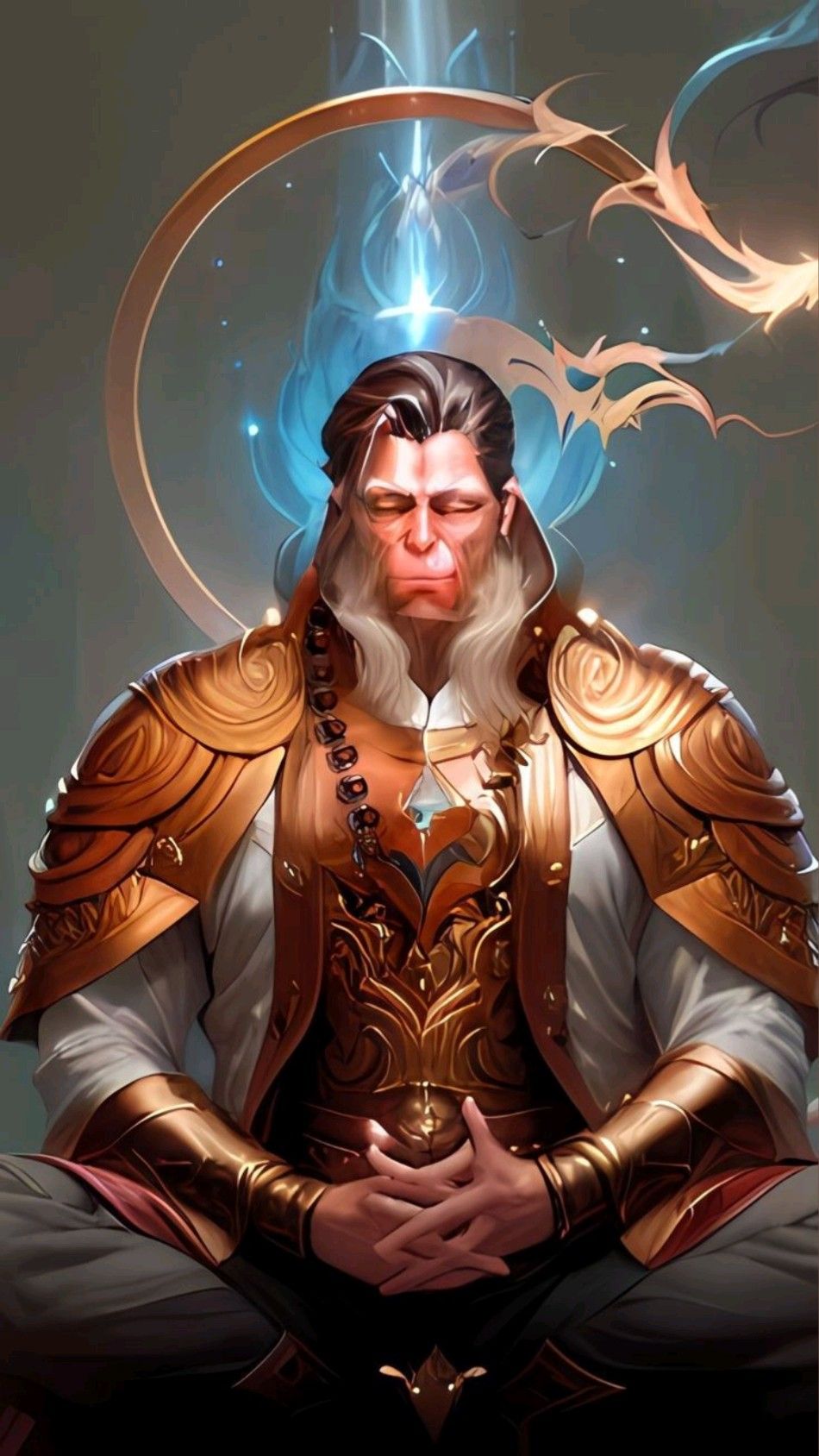 Meditating Hanuman in golden armor.