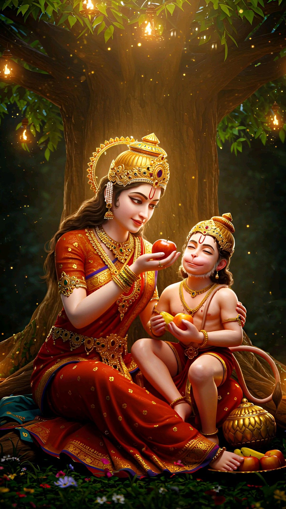 Anjani Mata with baby Hanuman offering apple