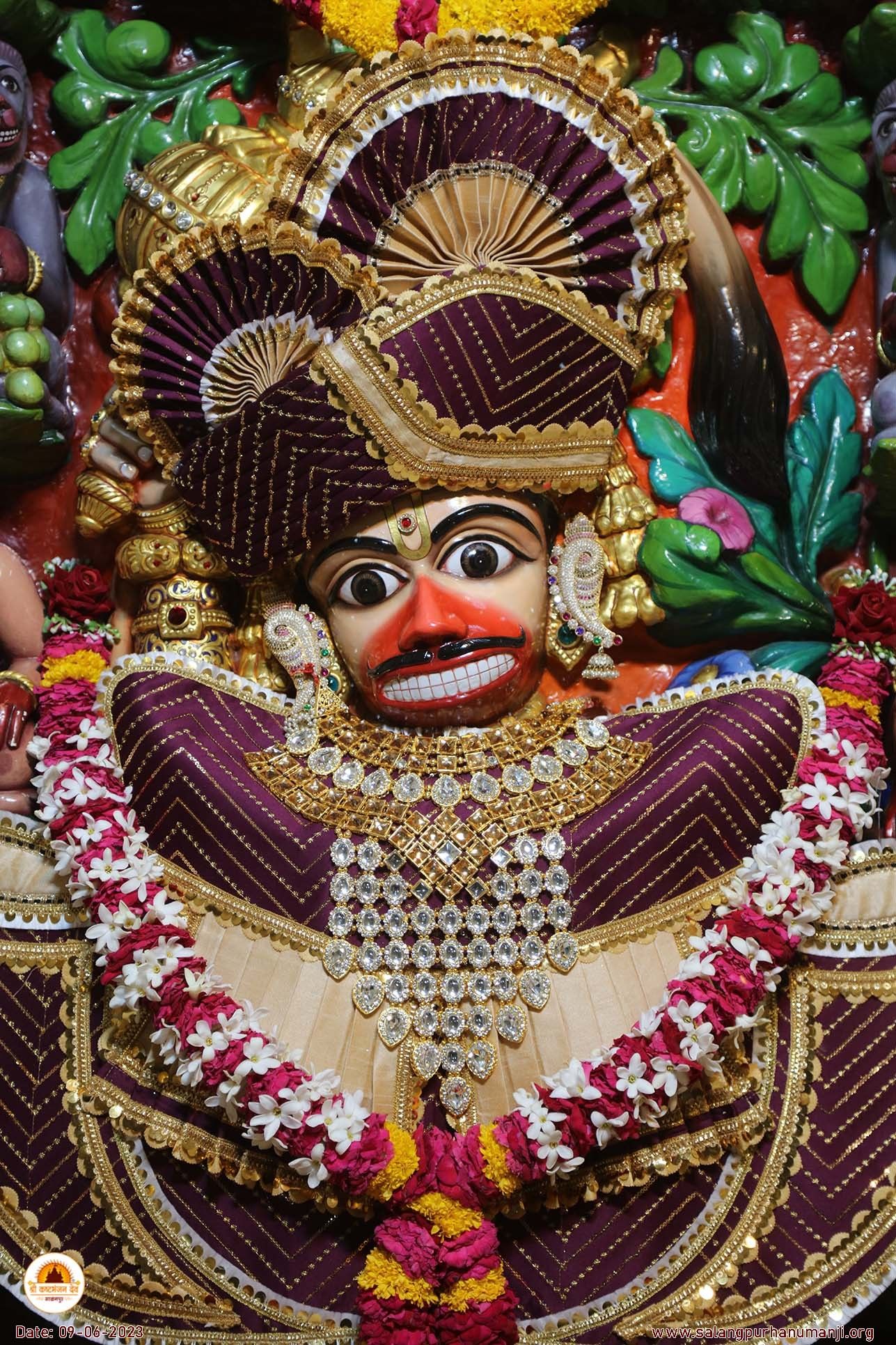 Close-up of Hanumanji\'s face with floral garland