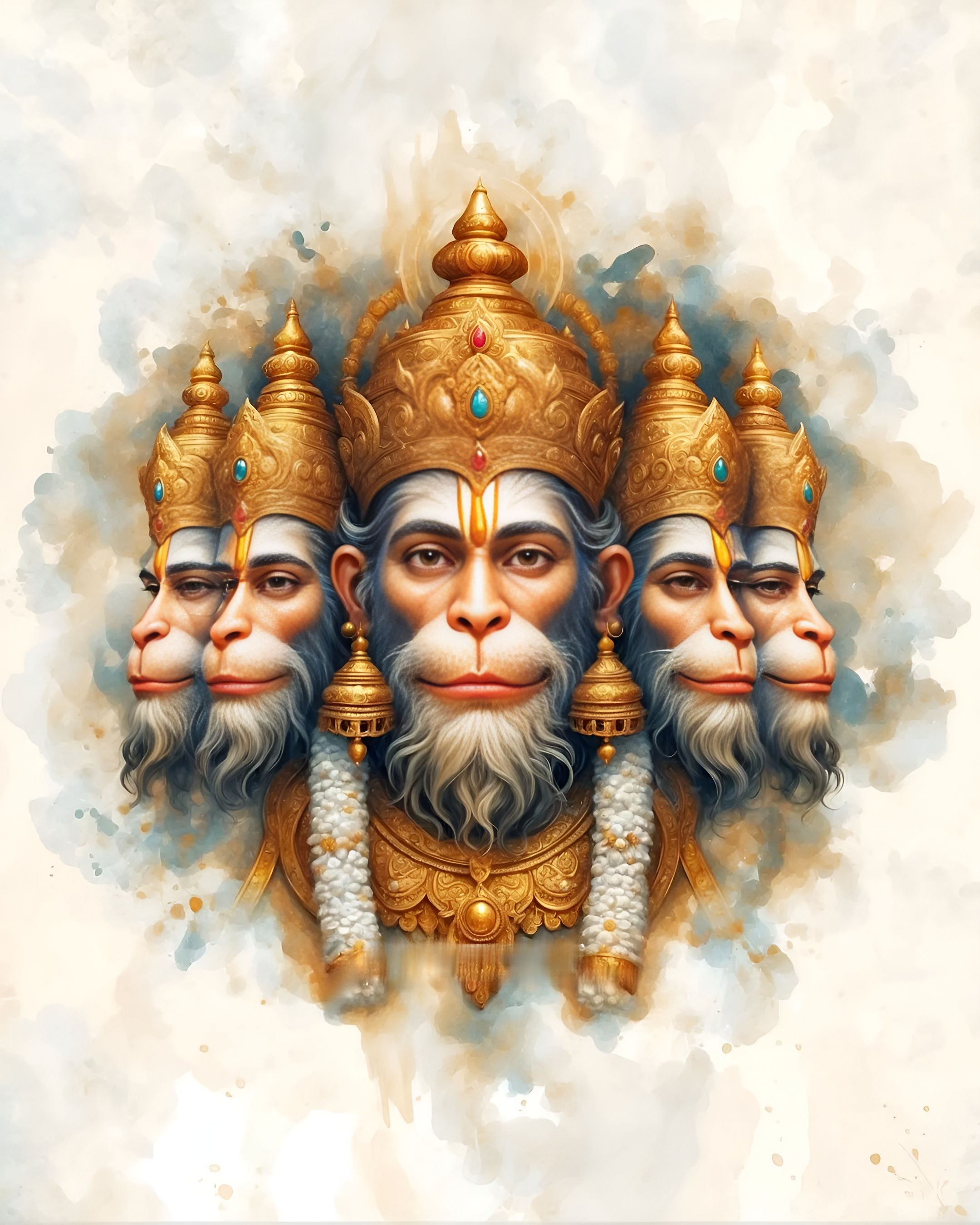 Multi-faced Hanuman divine watercolor portrait