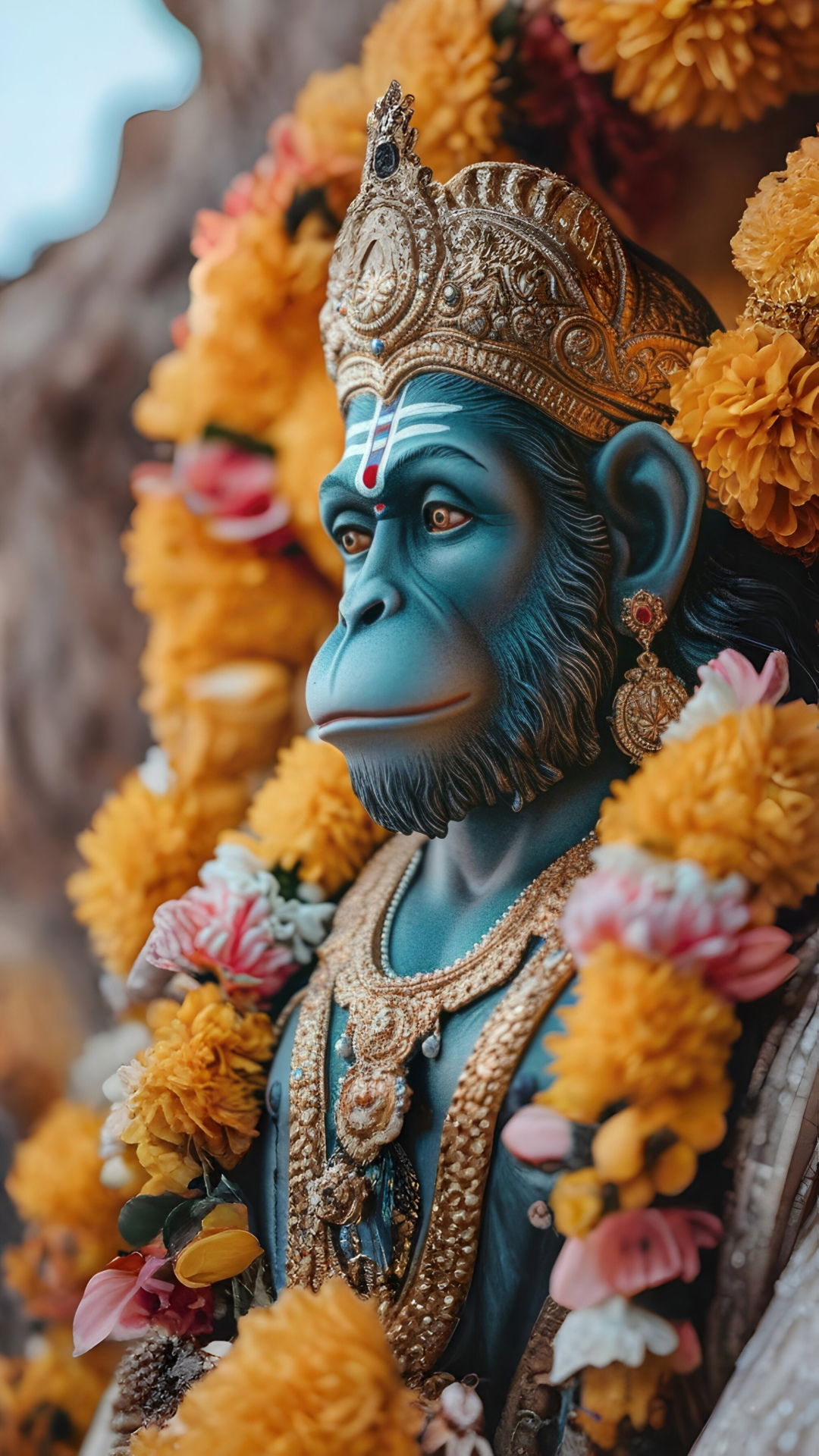 Close-up of Hanuman with flower garland