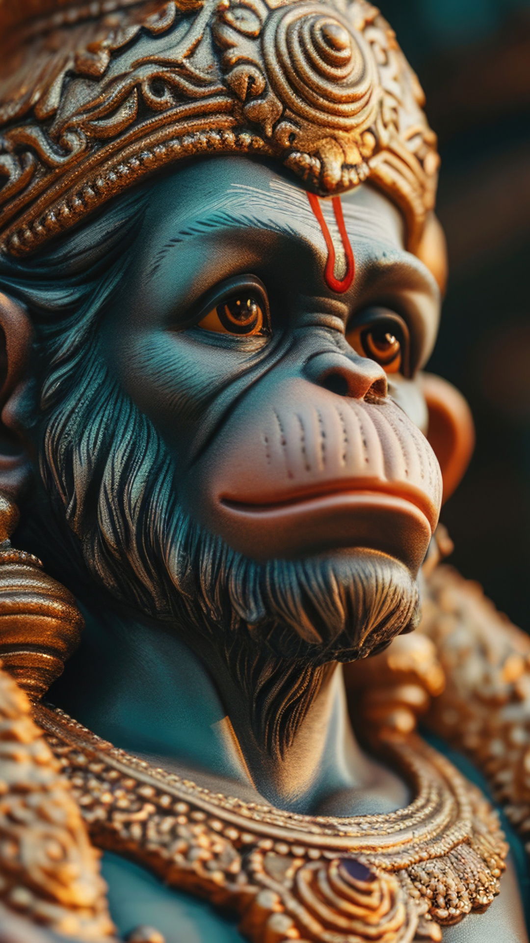 Close-up of Hanuman\'s serene face.