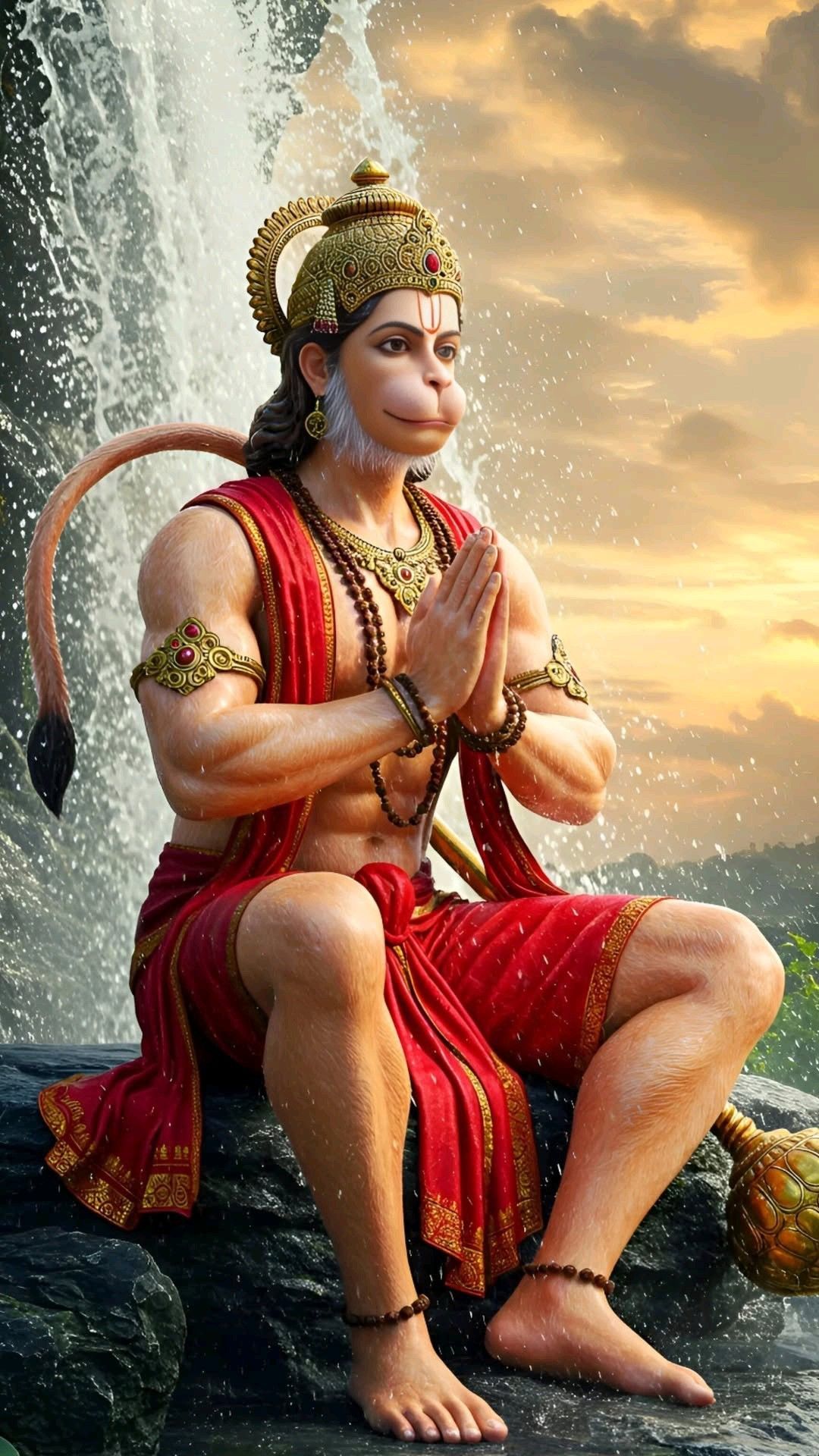 Hanuman in prayer before a waterfall.
