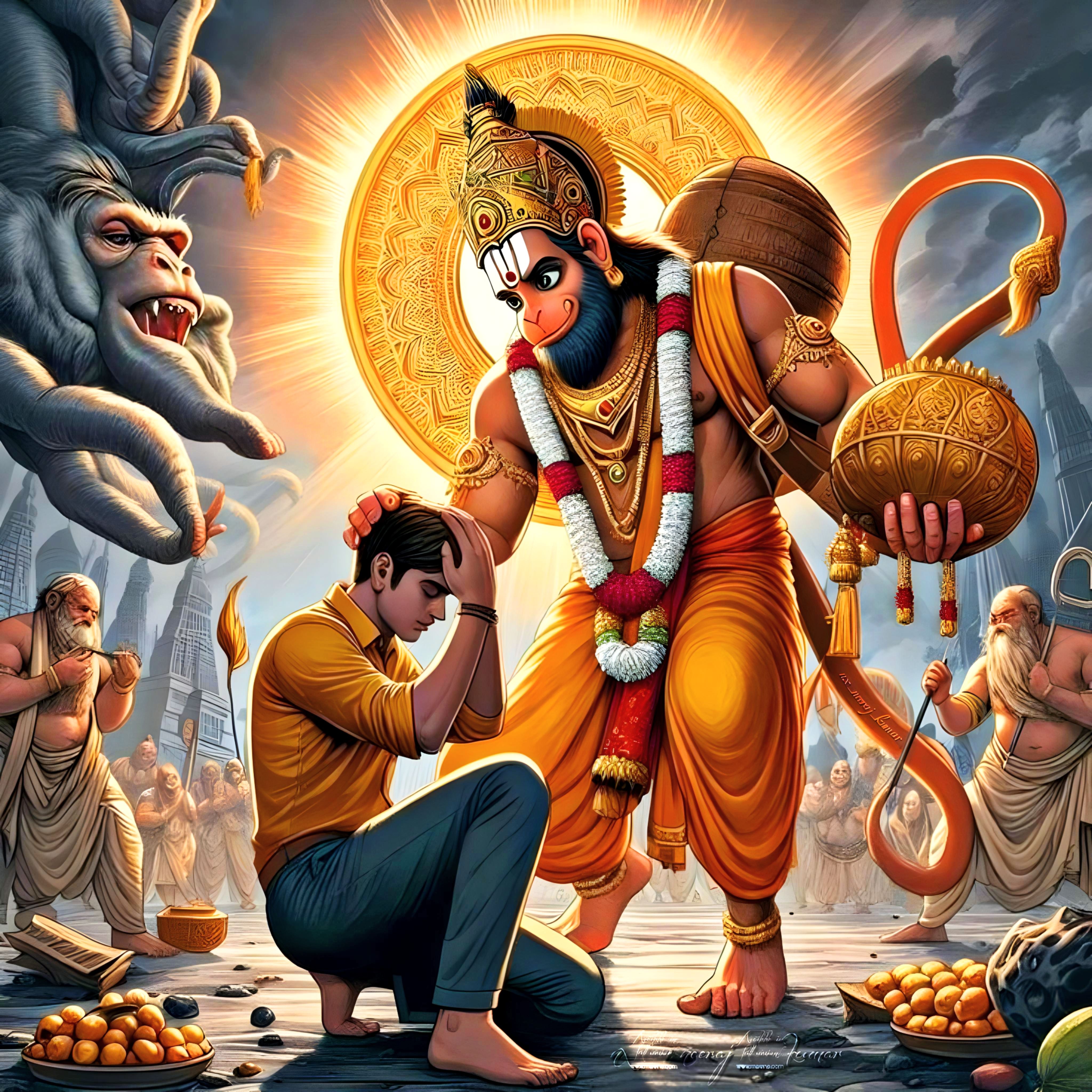 Hanuman bestows blessings upon a devotee.
