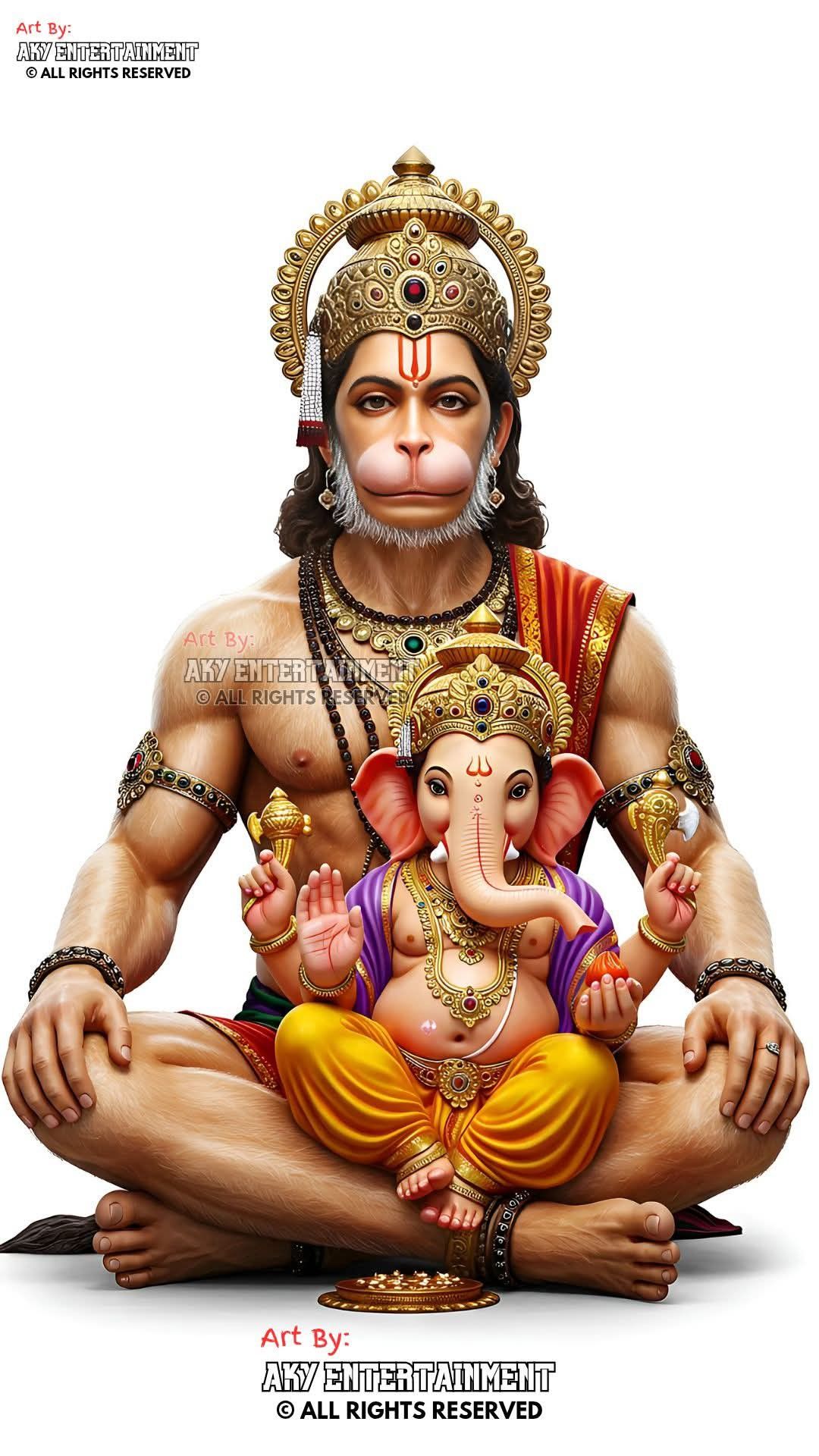 Hanuman holding baby Ganesha