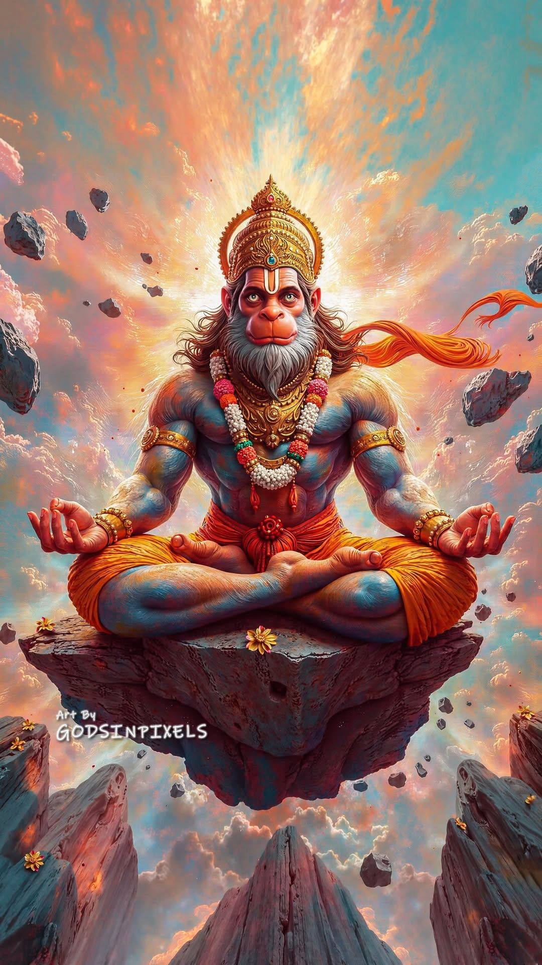 Hanuman meditating on a mountain peak