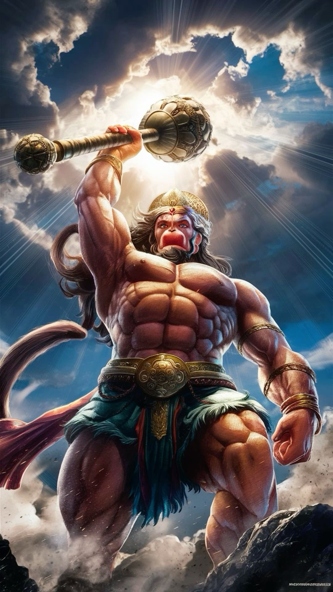 Powerful Hanuman raising his mace.