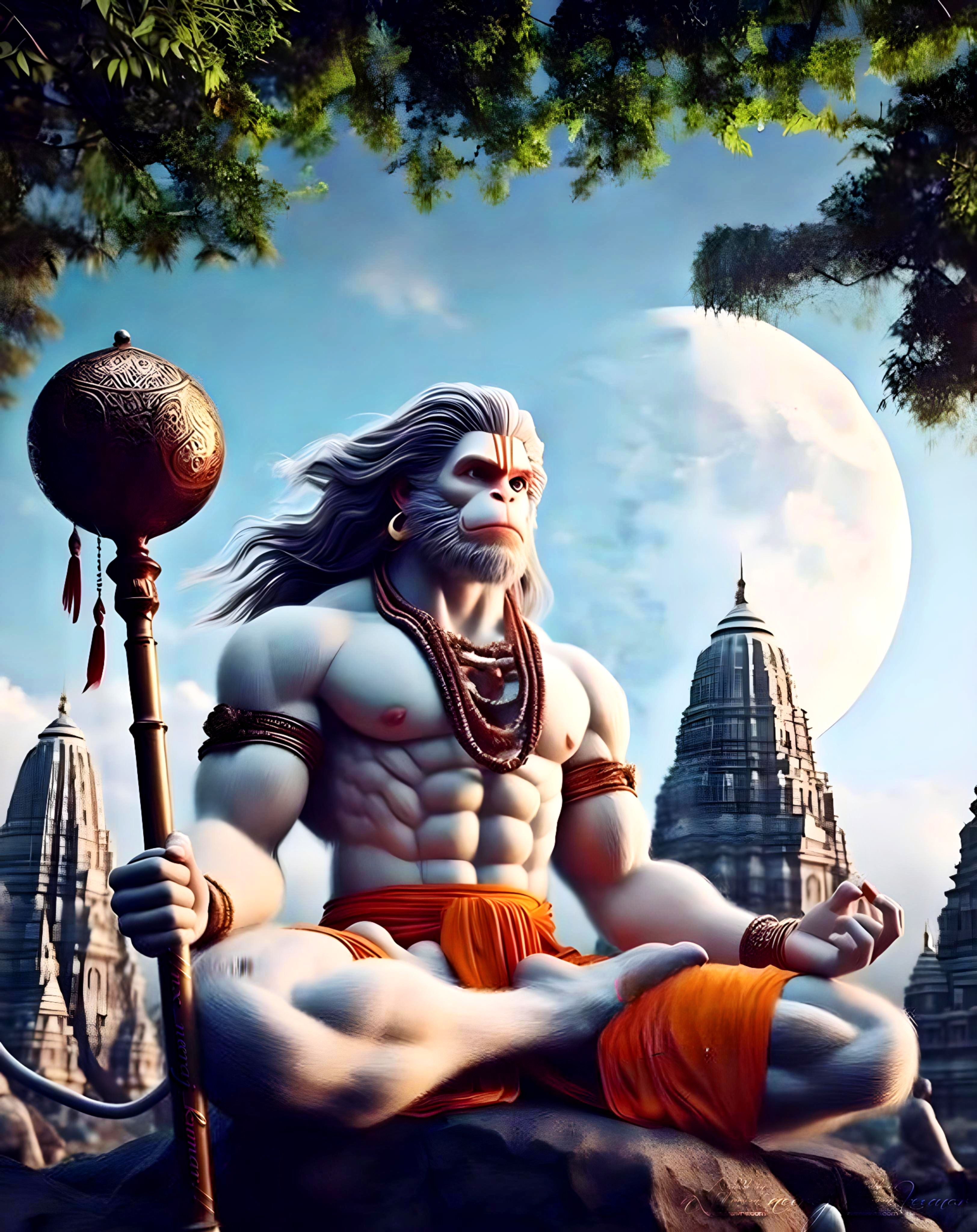 Hanuman with gada, temple, and sky