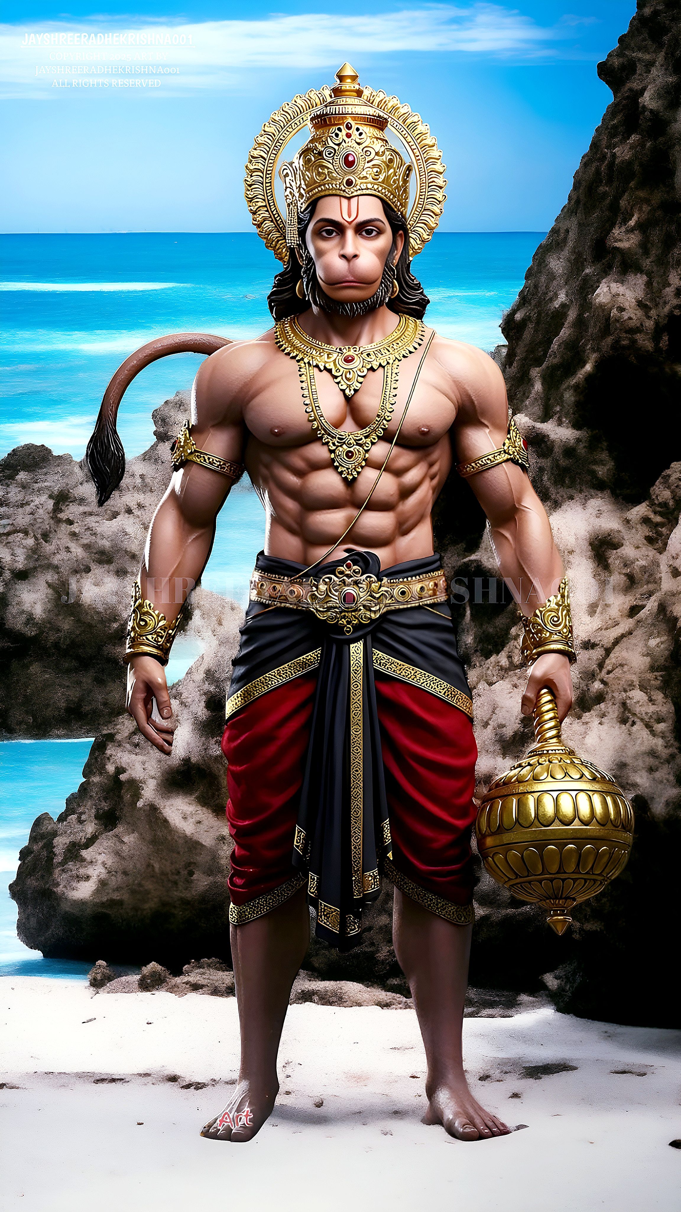 Powerful Hanuman standing by the ocean.