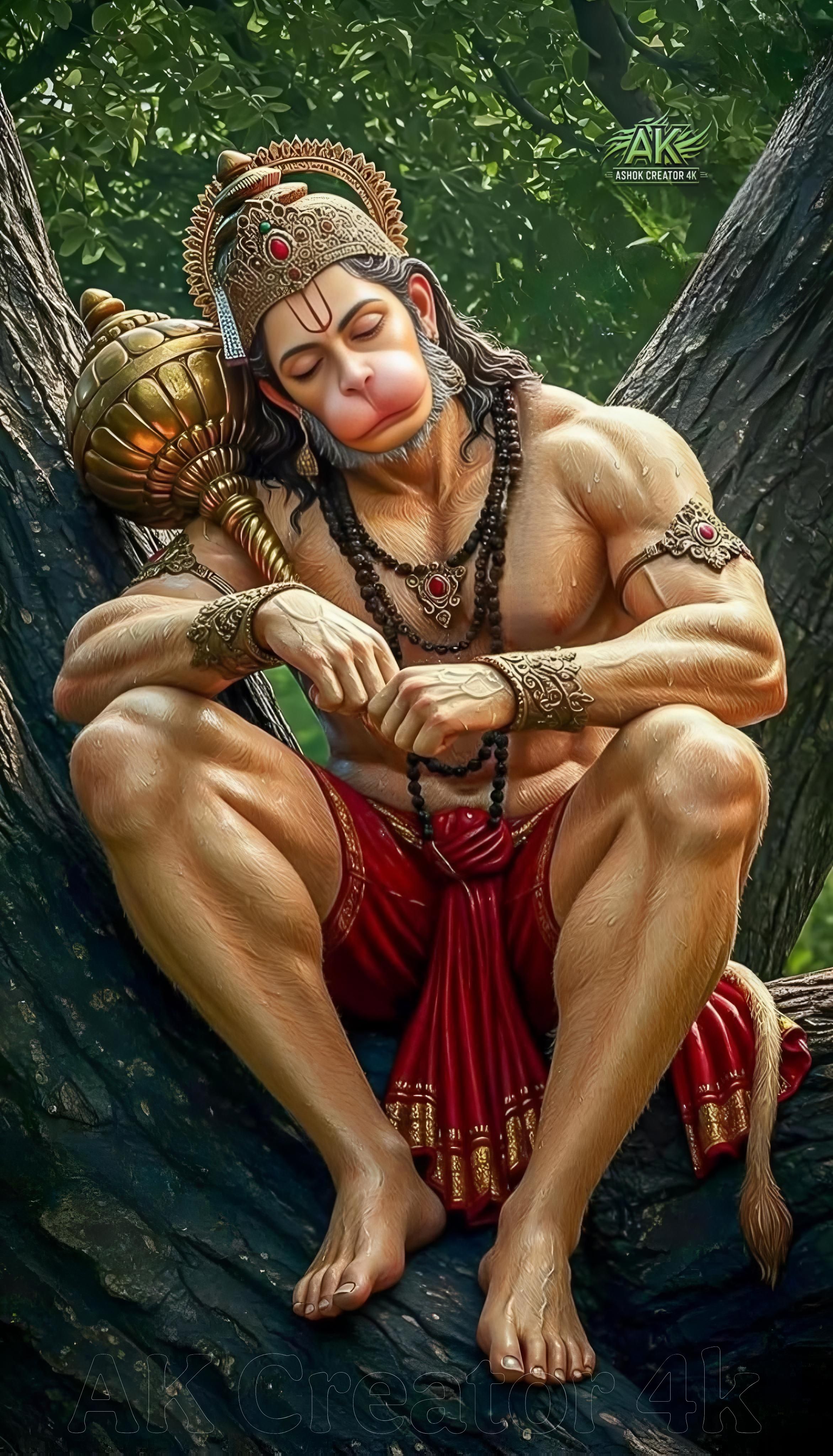 Hanuman contemplating with prayer beads