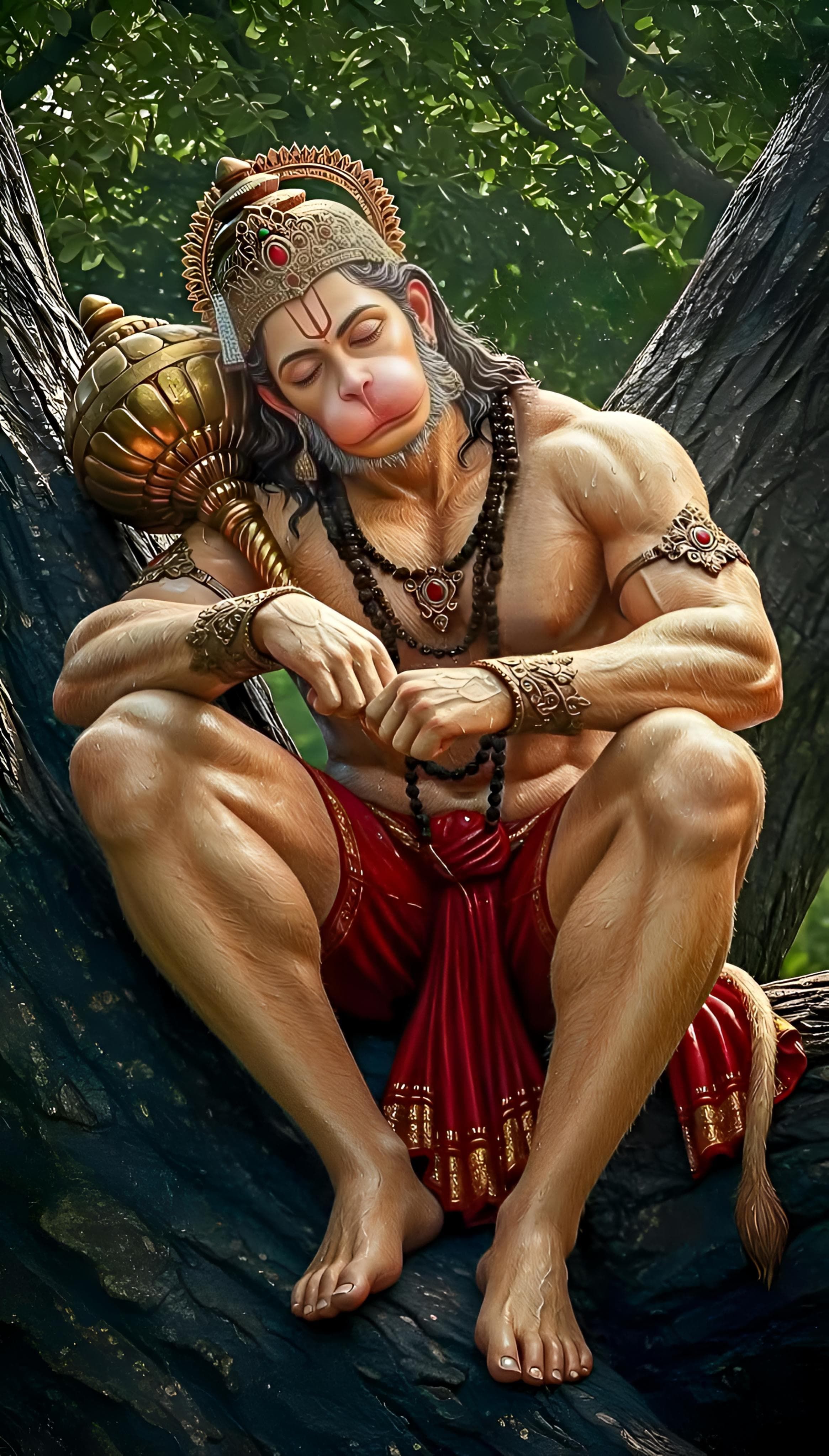 Hanuman meditating in a forest setting
