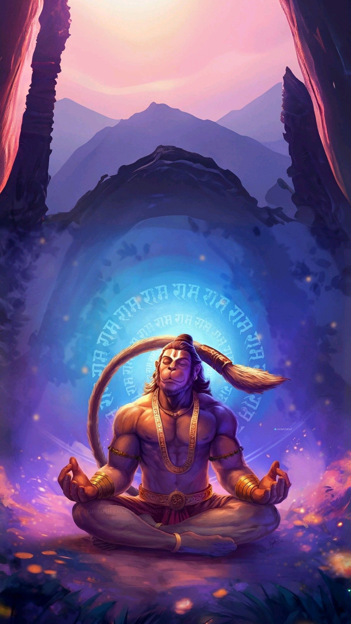 Hanuman meditating in a divine cave