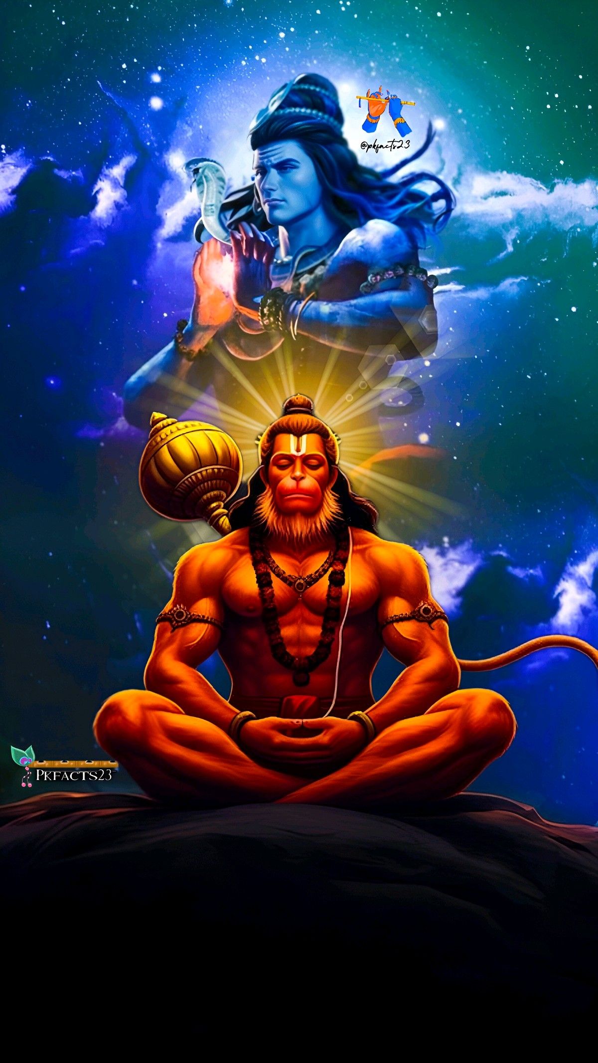 Hanuman meditating with cosmic background