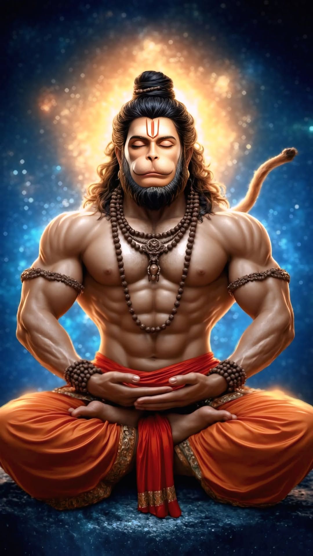 Meditating Hanuman with cosmic background