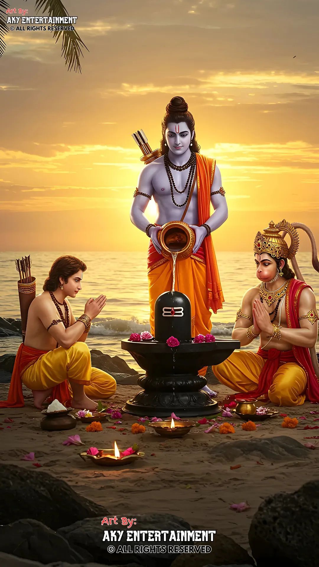 Hanuman prays before Shiva Lingam with Ram.