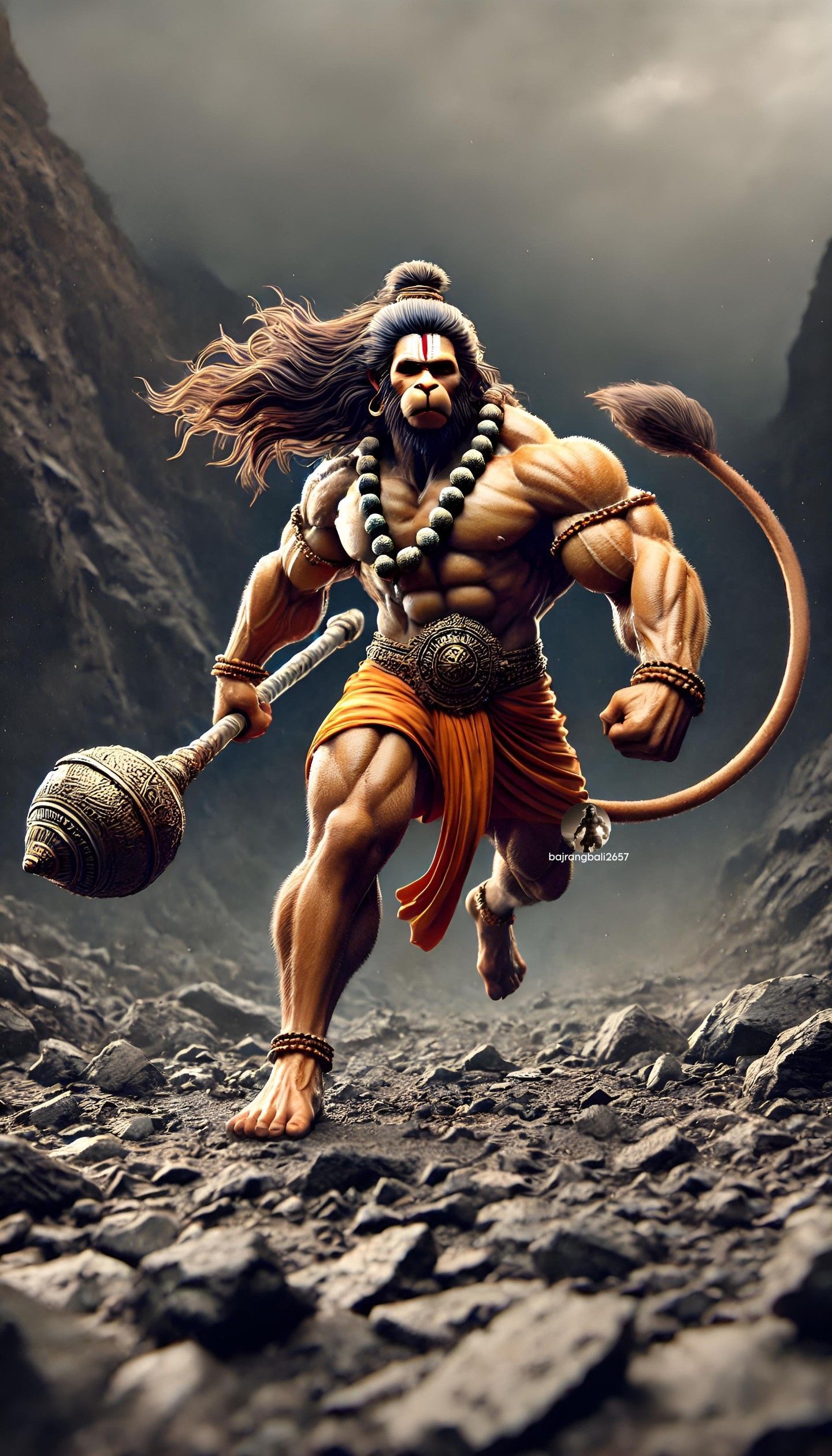 Powerful Hanuman running with his mace