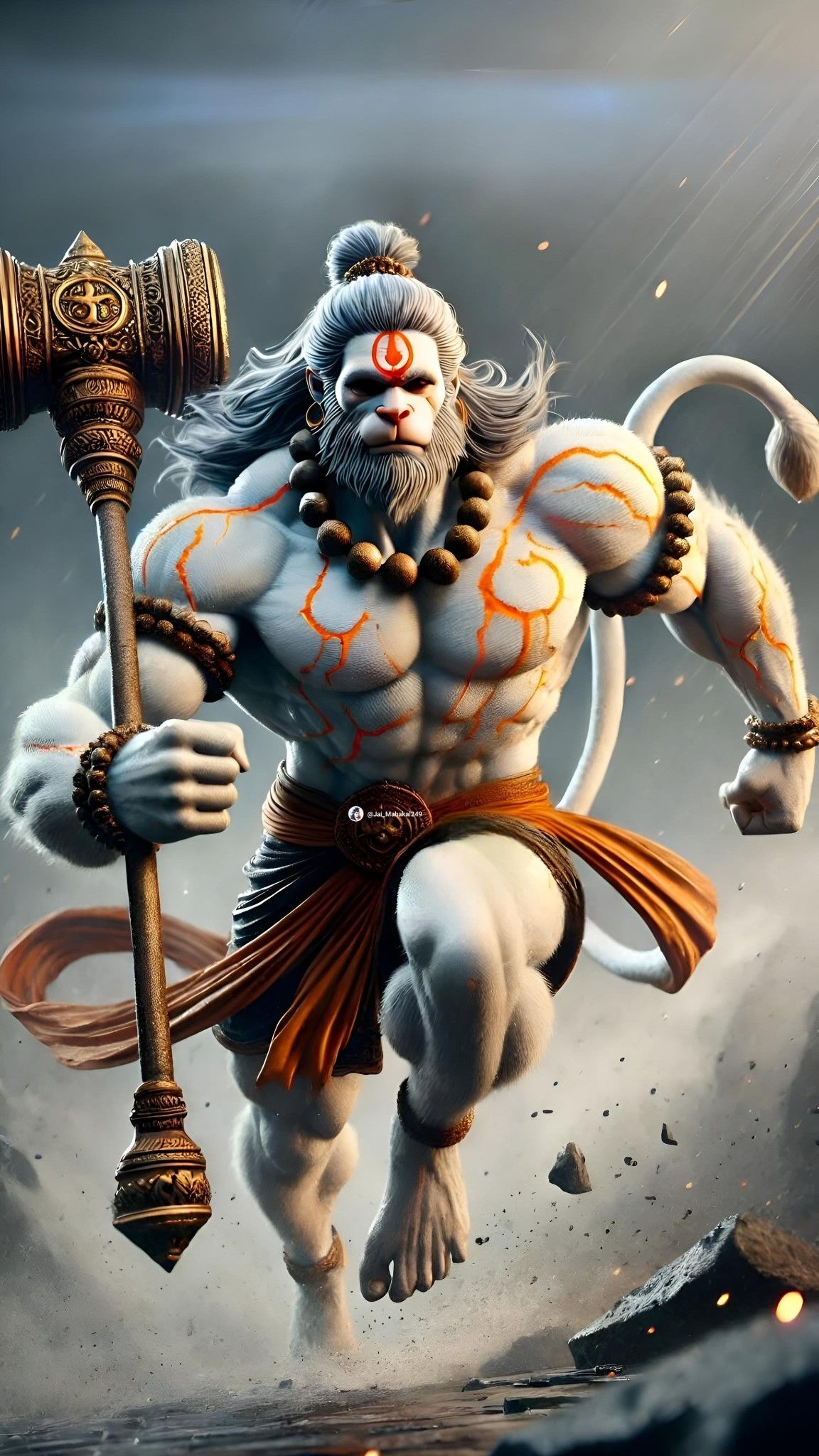 Powerful Hanuman leaps with mace.