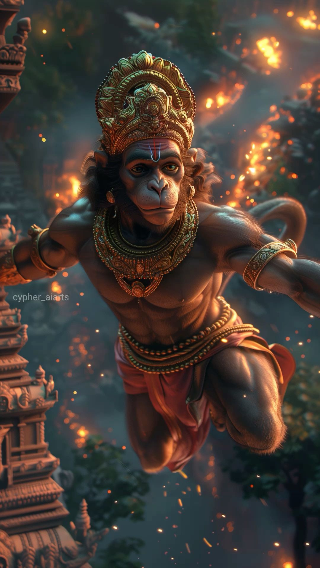 Hanuman flying with mace, divine warrior