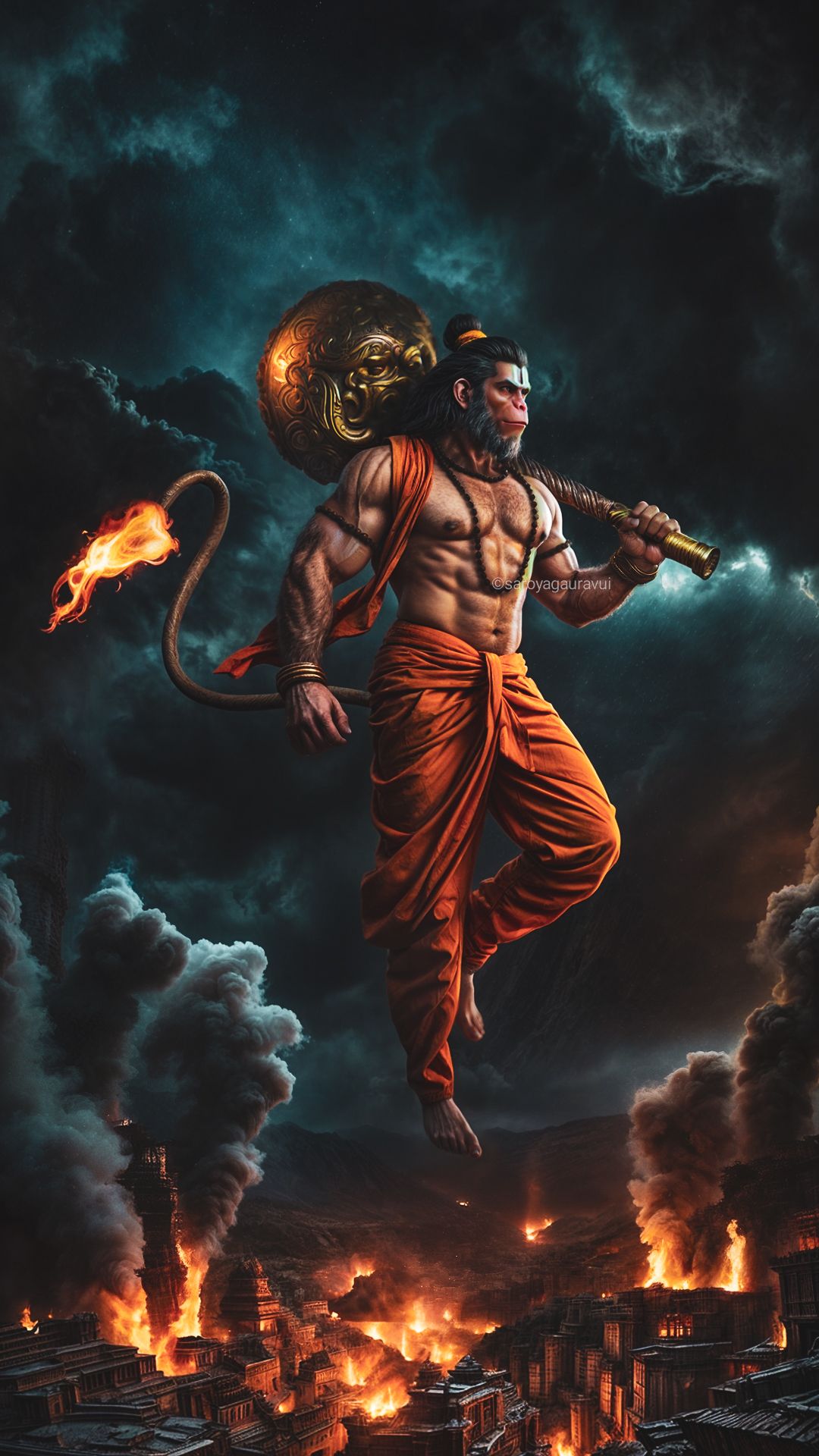 Hanuman soaring amidst fiery landscape
