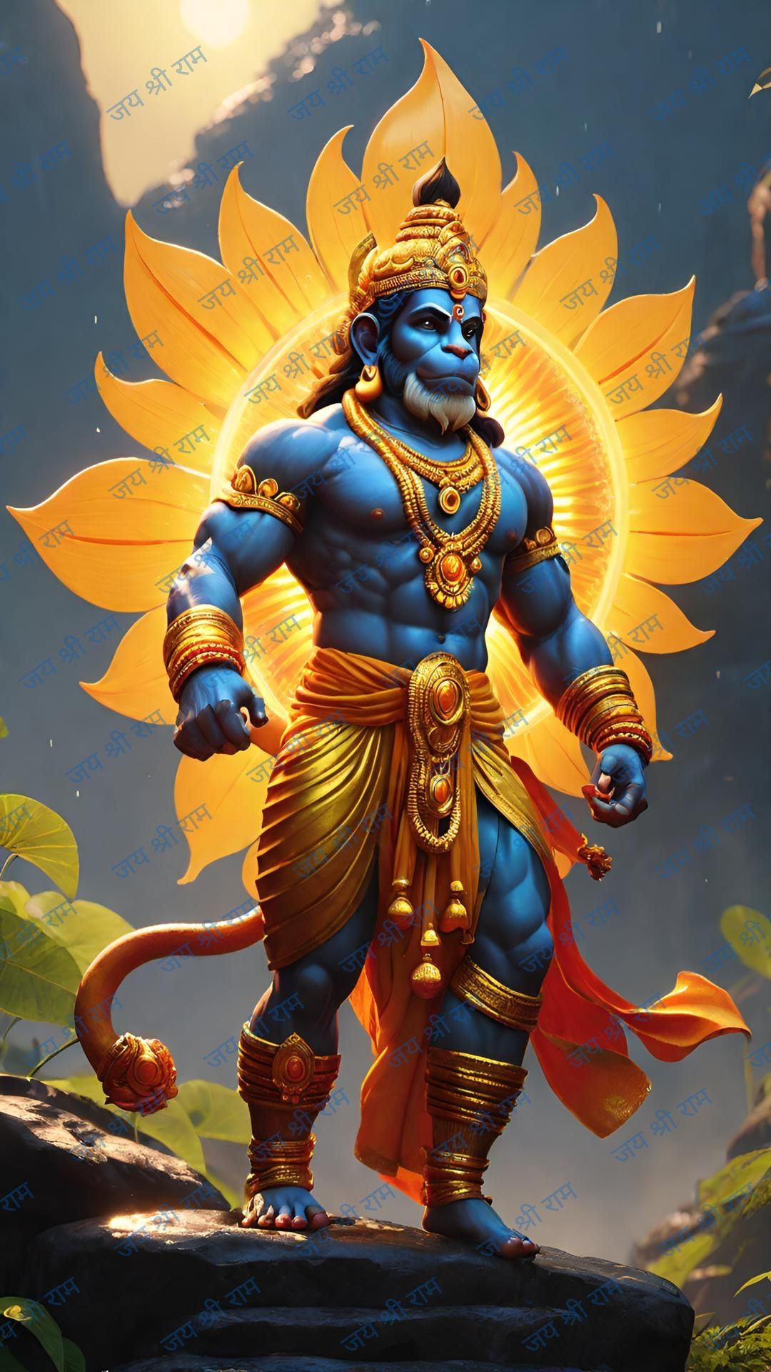 Hanuman stands powerfully with gada