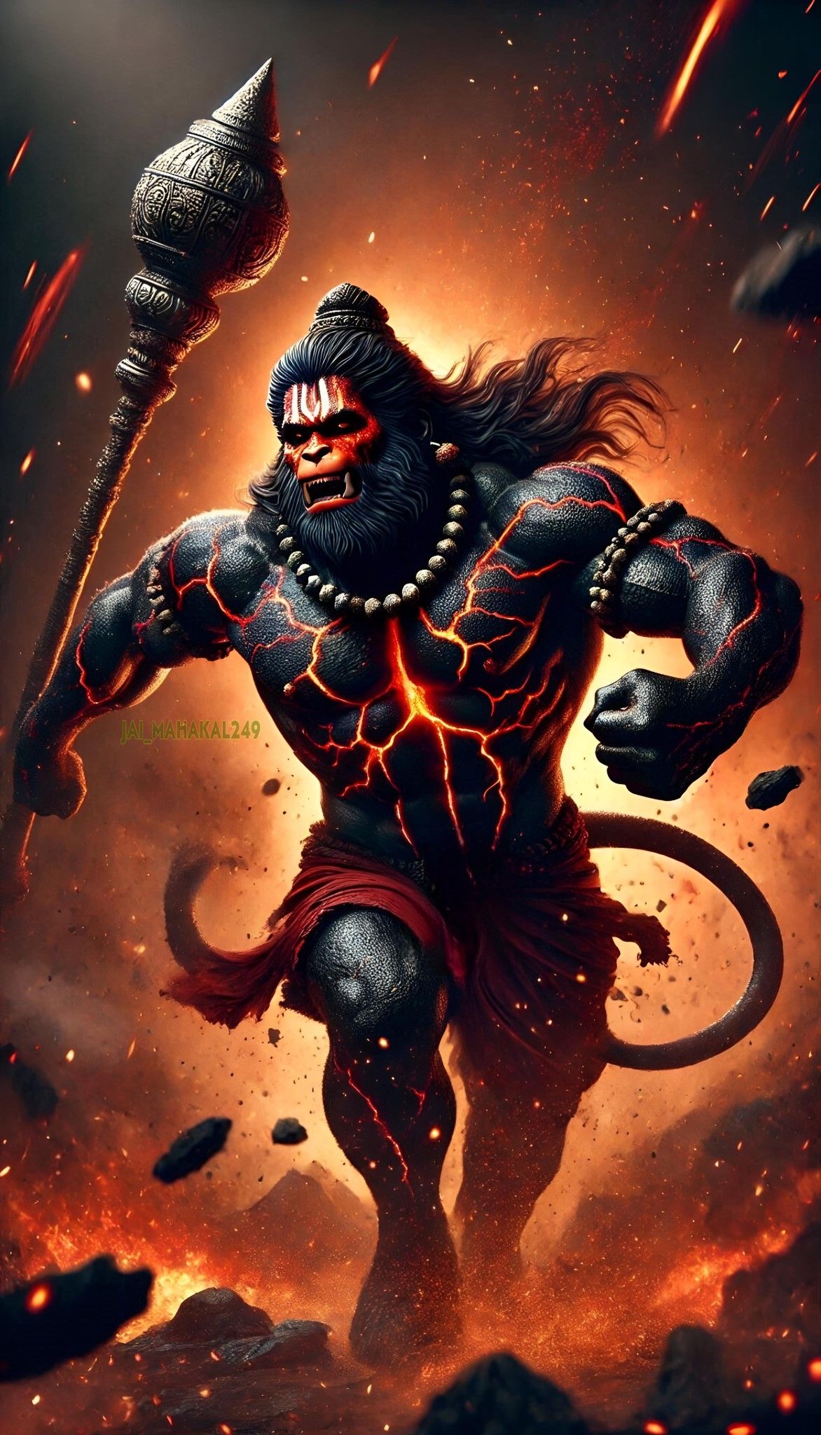 Hanuman wielding his mace, powerful image.