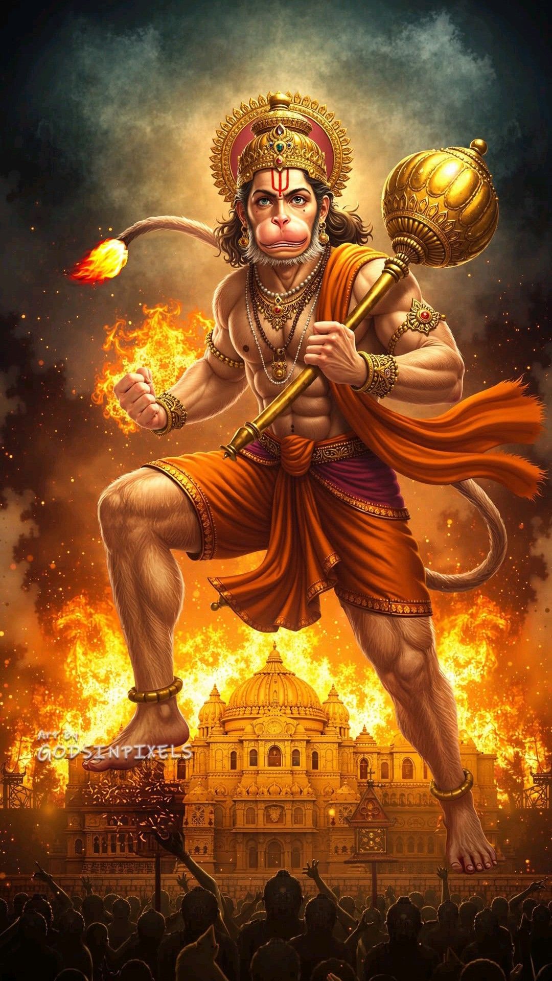 Hanuman flying with mace and fire