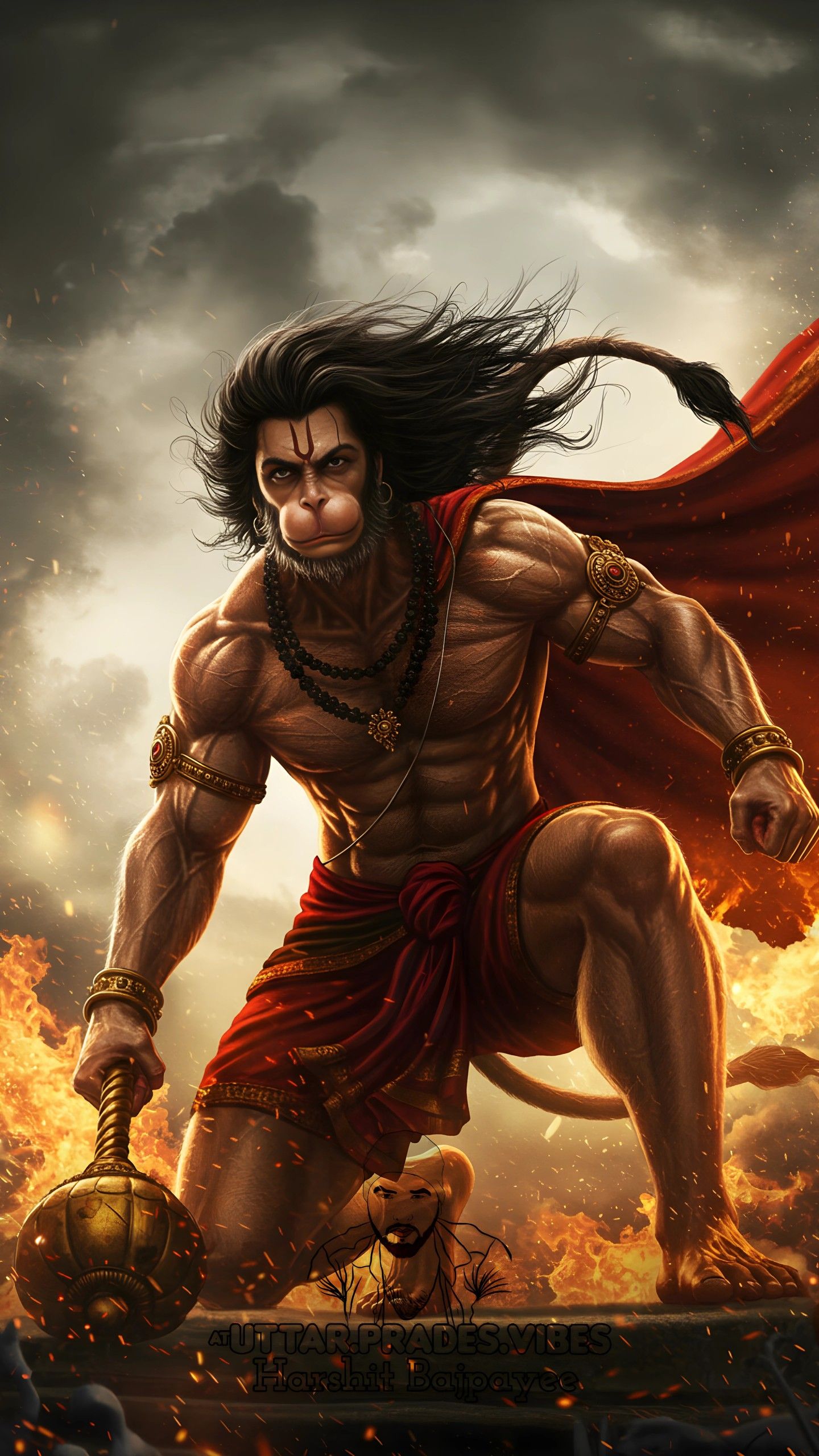 Powerful Hanuman wielding his mace