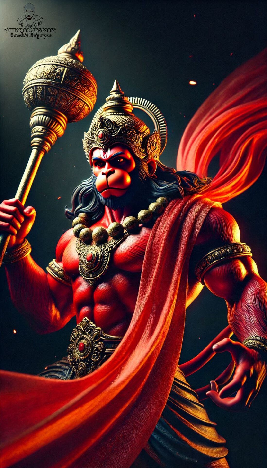 Powerful Hanuman with Mace, Divine Warrior