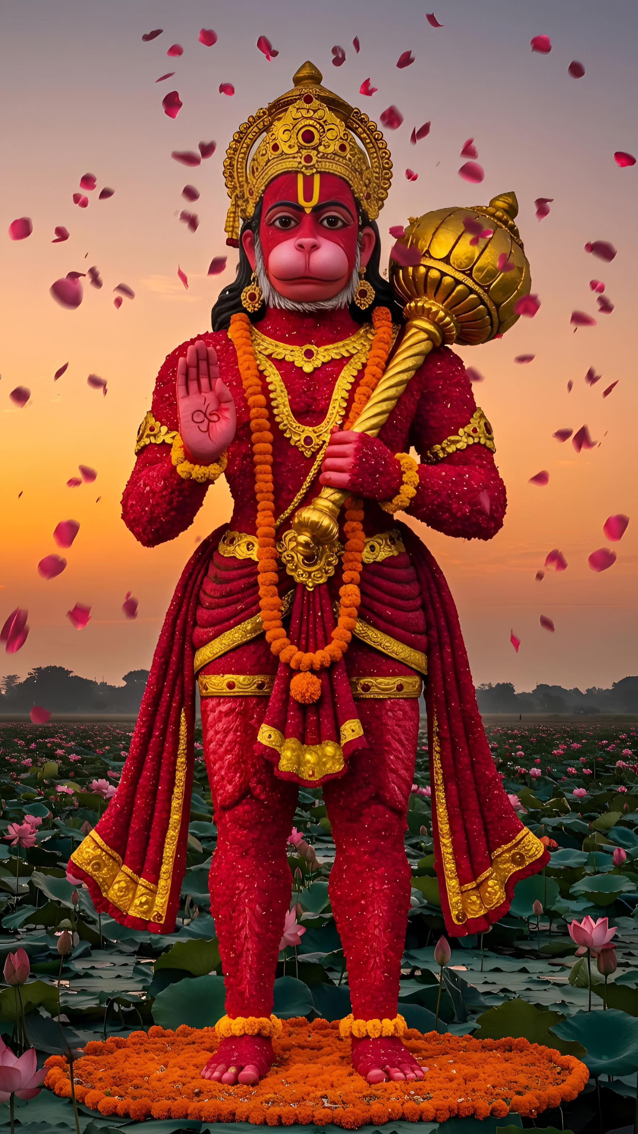 Hanuman with mace, surrounded by flowers