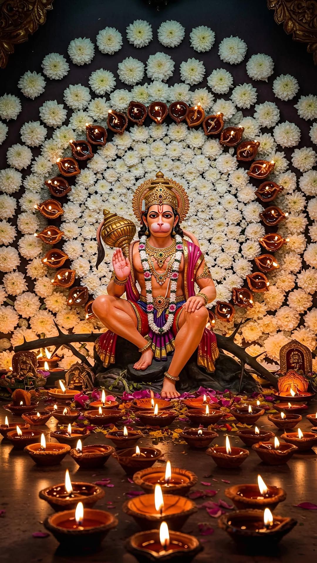 Hanuman seated amidst flowers and lamps