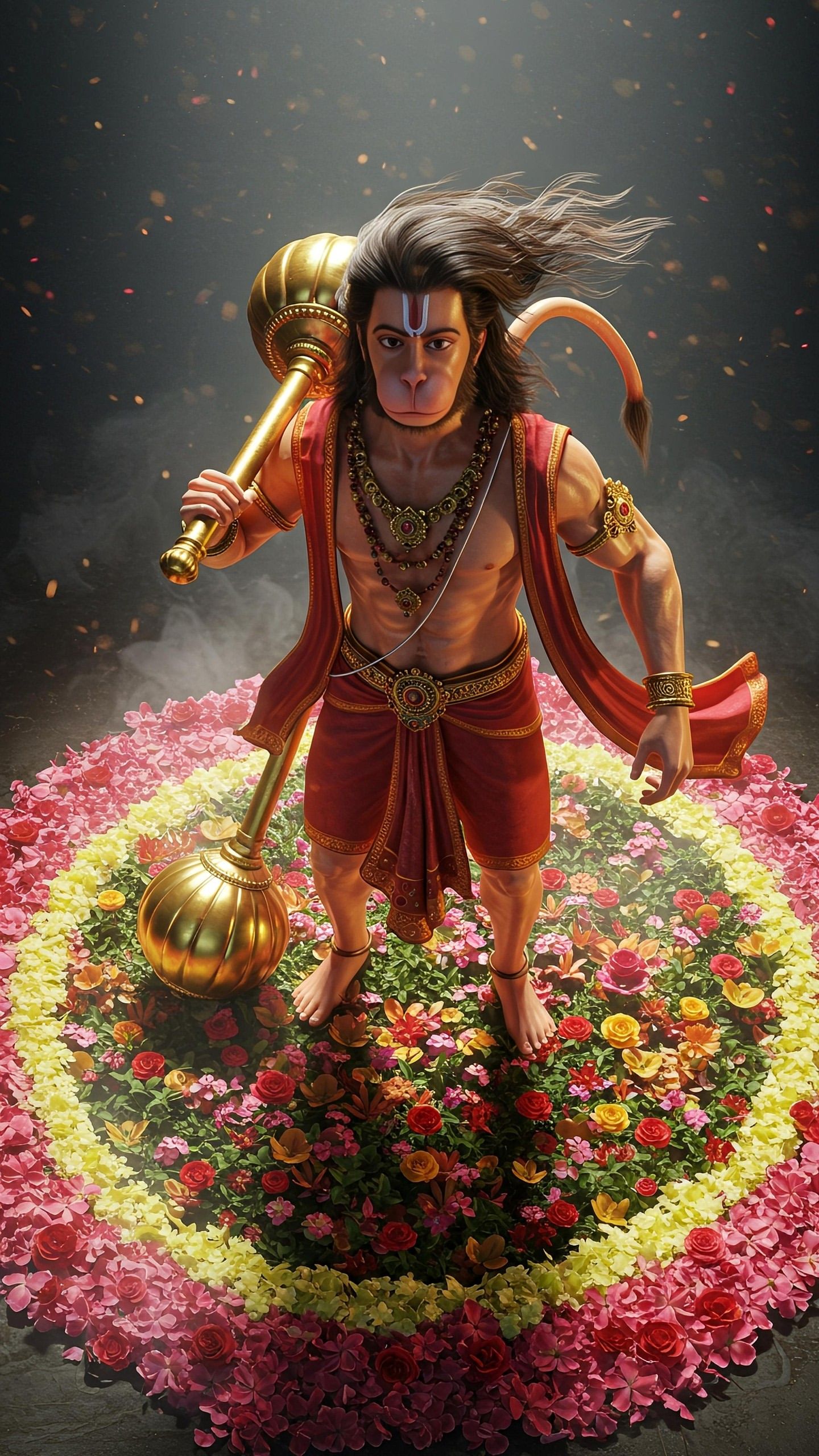 Powerful Hanuman with mace and flowers