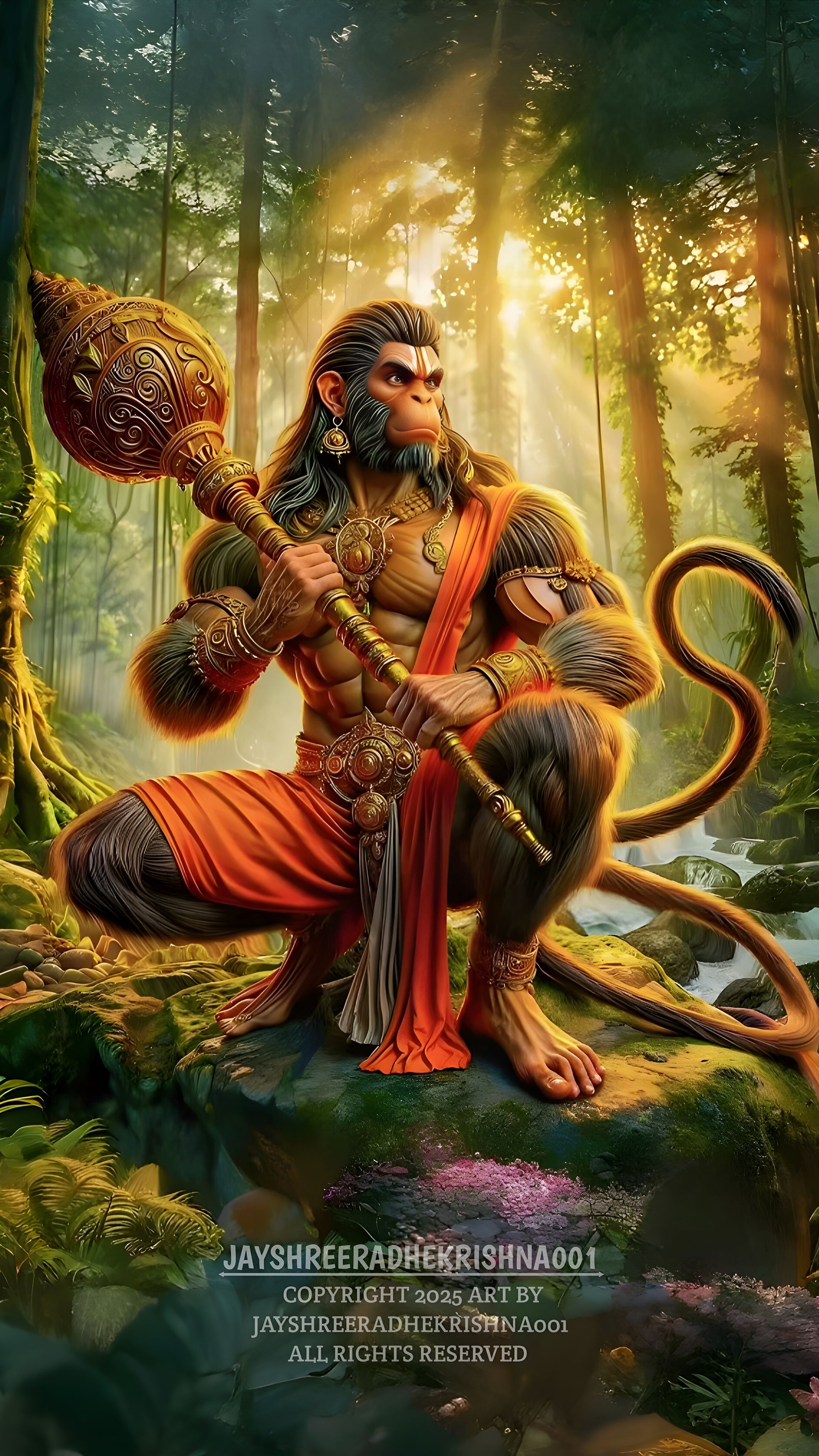 Hanuman with gada in lush forest