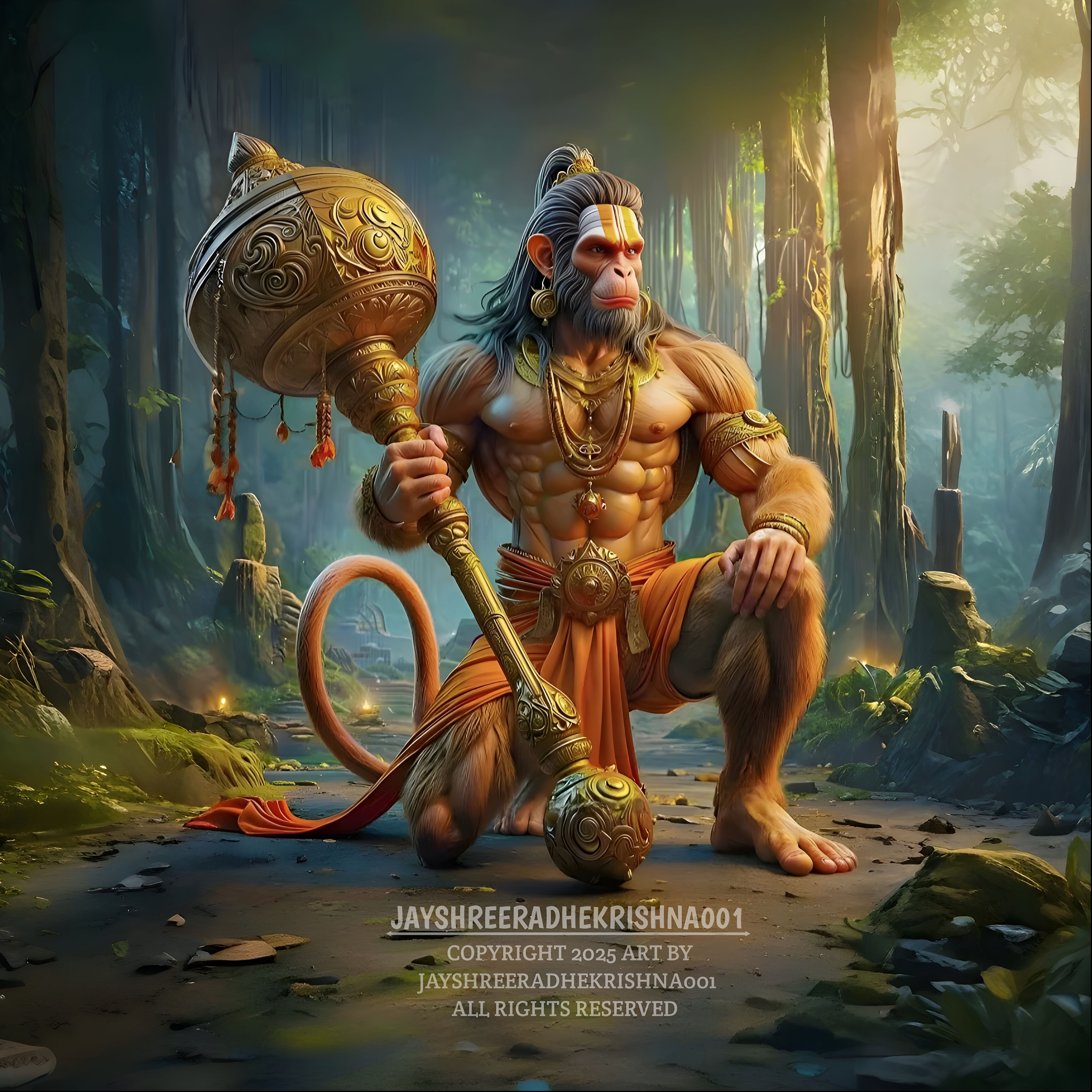 Powerful Hanuman holding golden mace
