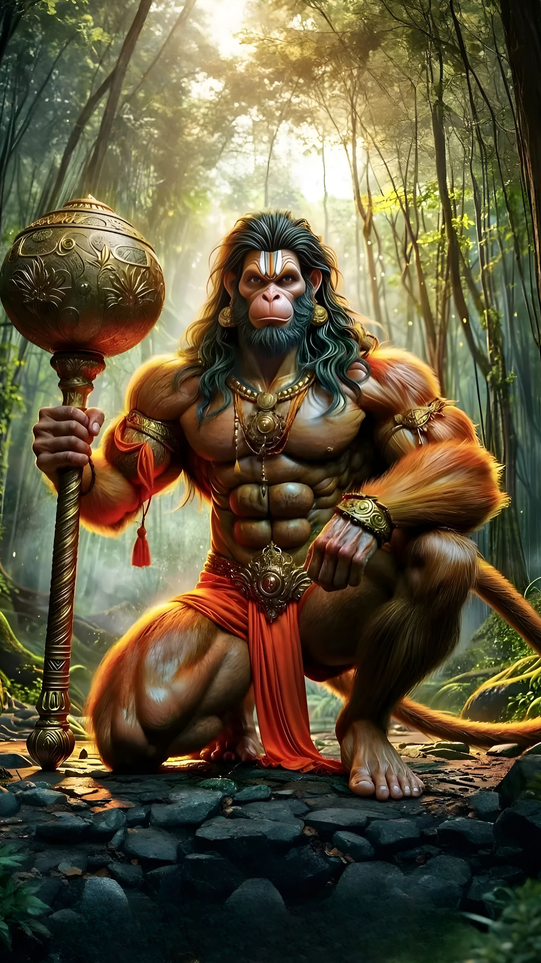 Powerful Hanuman in a lush forest.