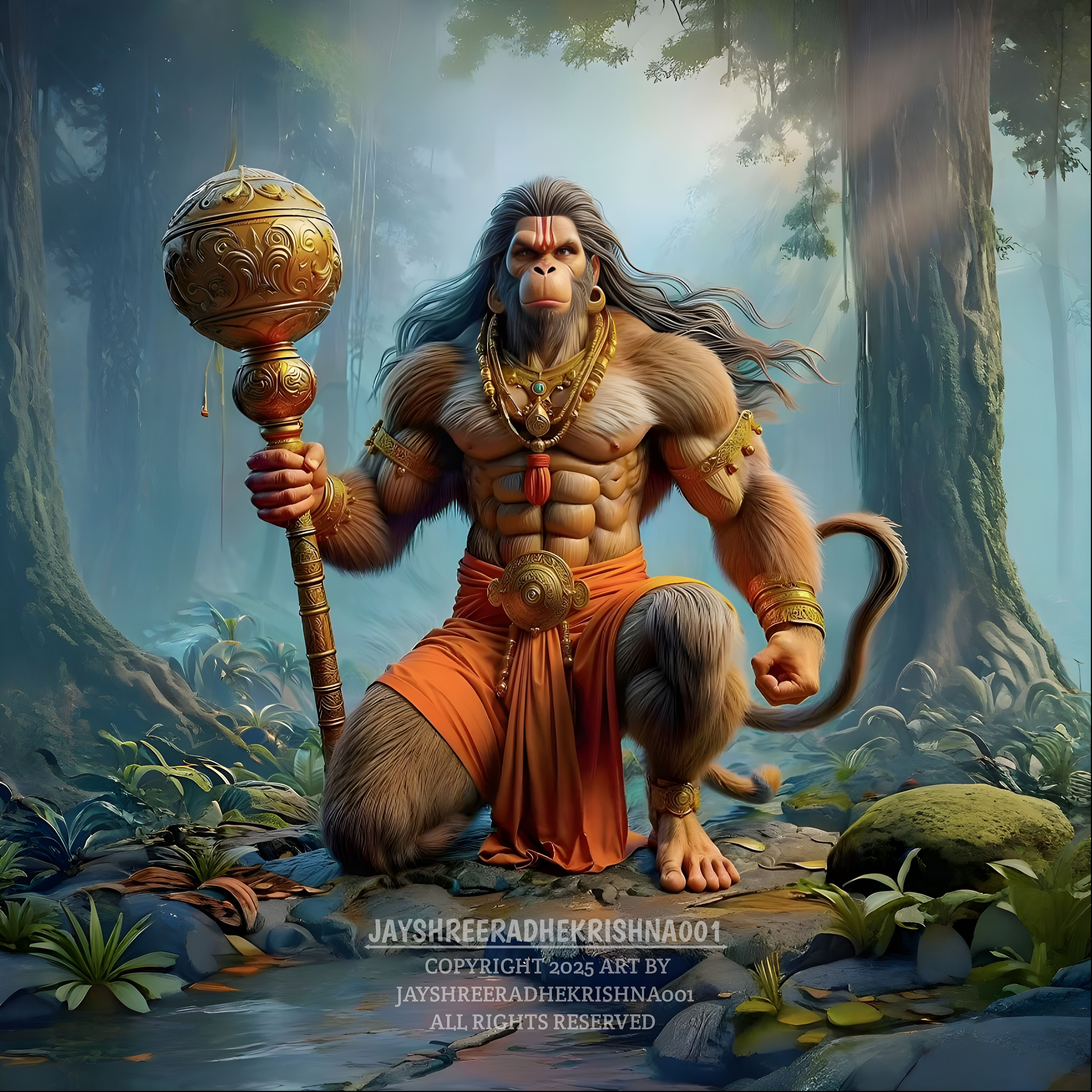 Powerful Hanuman with mace in forest