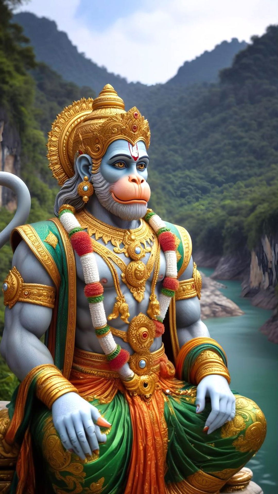 Hanuman seated in a lush forest