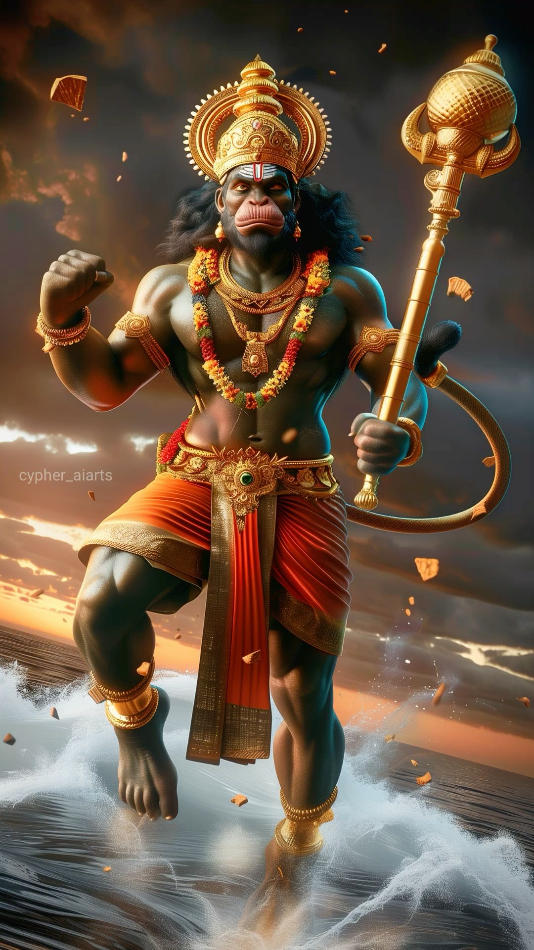 Powerful Hanuman with Gada leaps forward