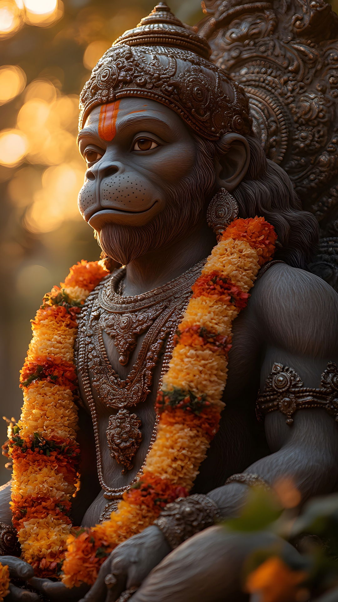 Close-up of Hanuman with orange garland.