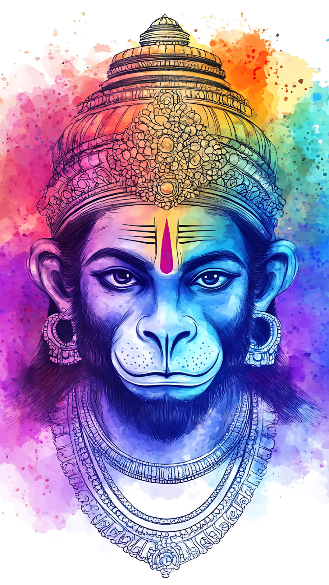 Hanuman portrait with colorful watercolor effect.