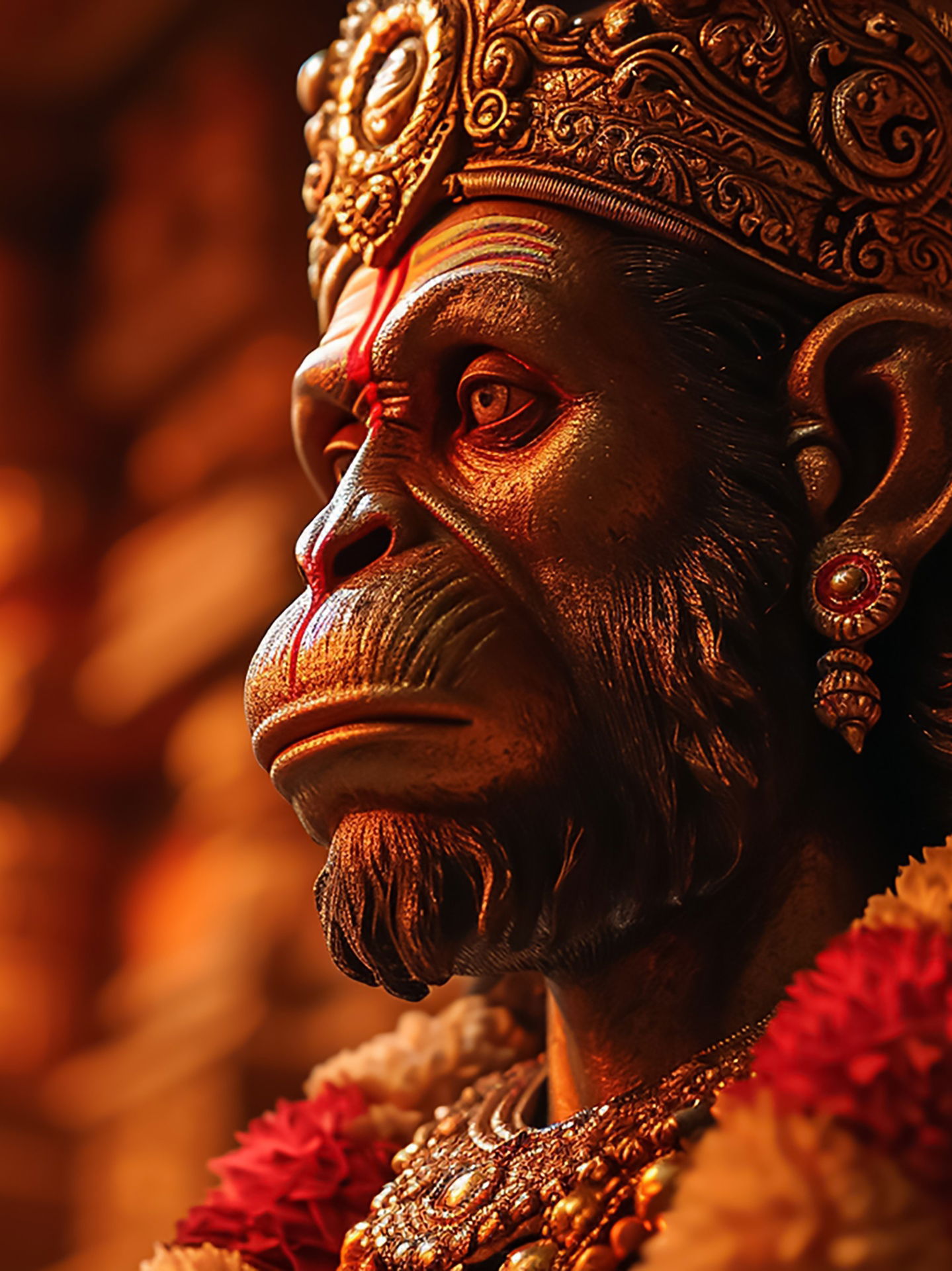 Close-up of Hanuman\'s powerful face.