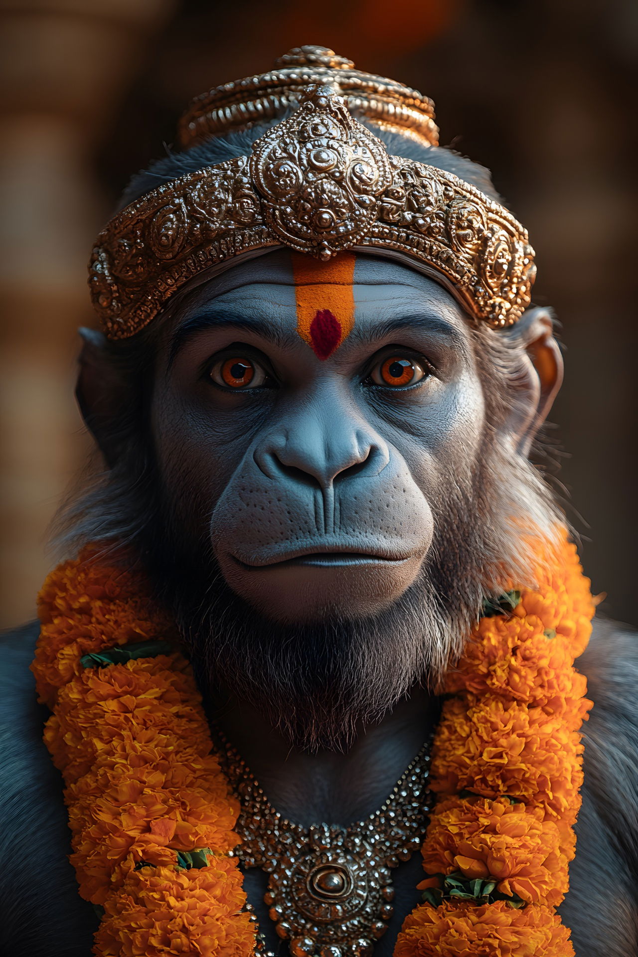 Hanuman with orange marigold garland portrait