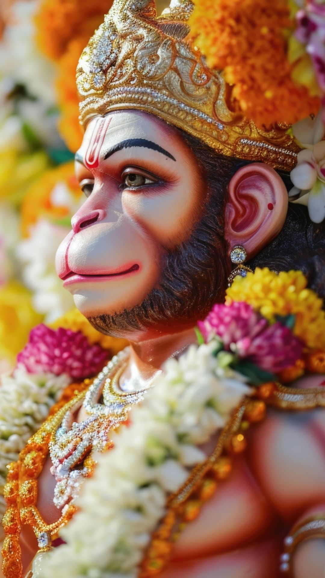 Close-up of Hanuman with floral garland.