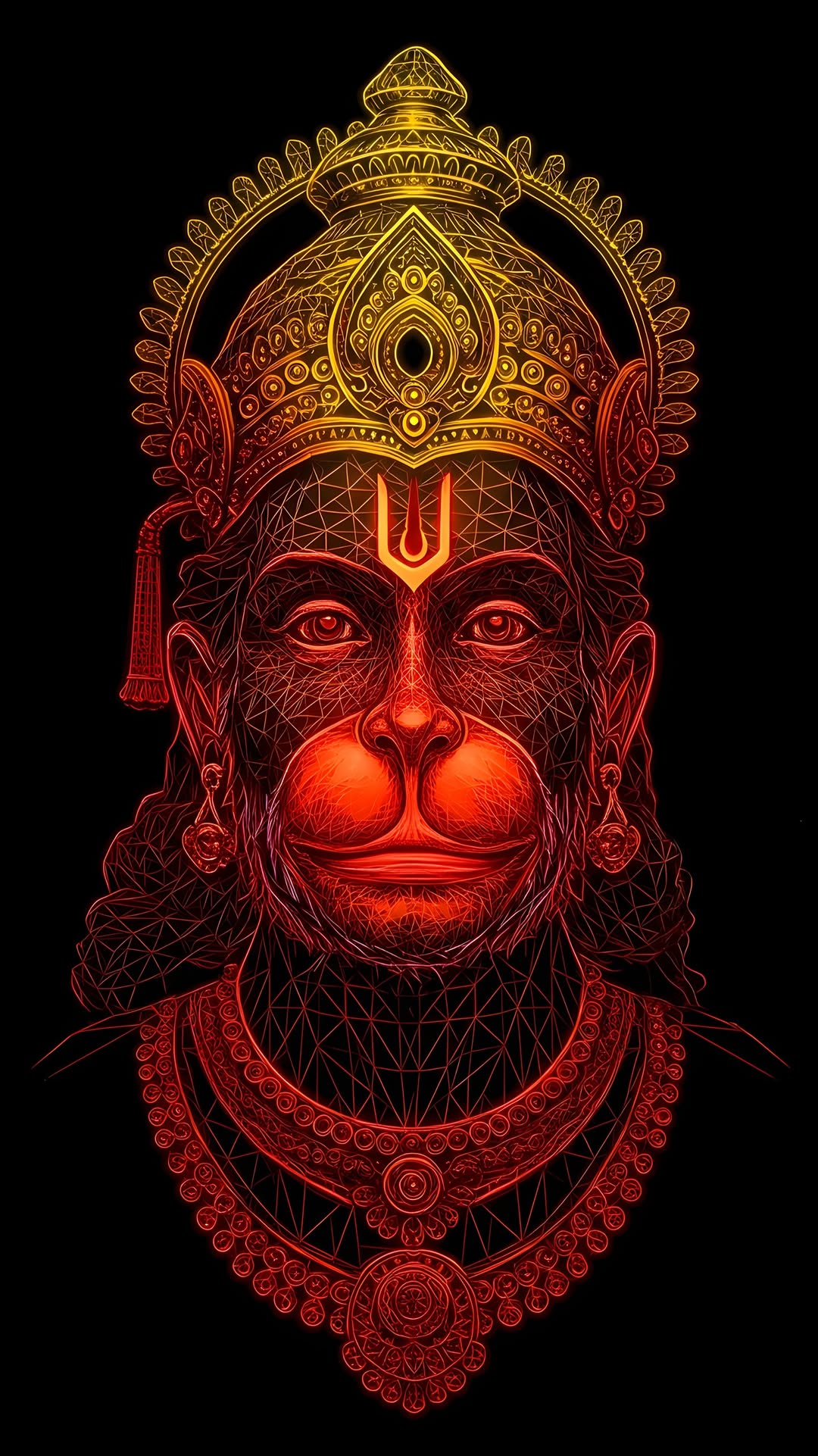 Geometric Hanuman portrait, fiery and divine.